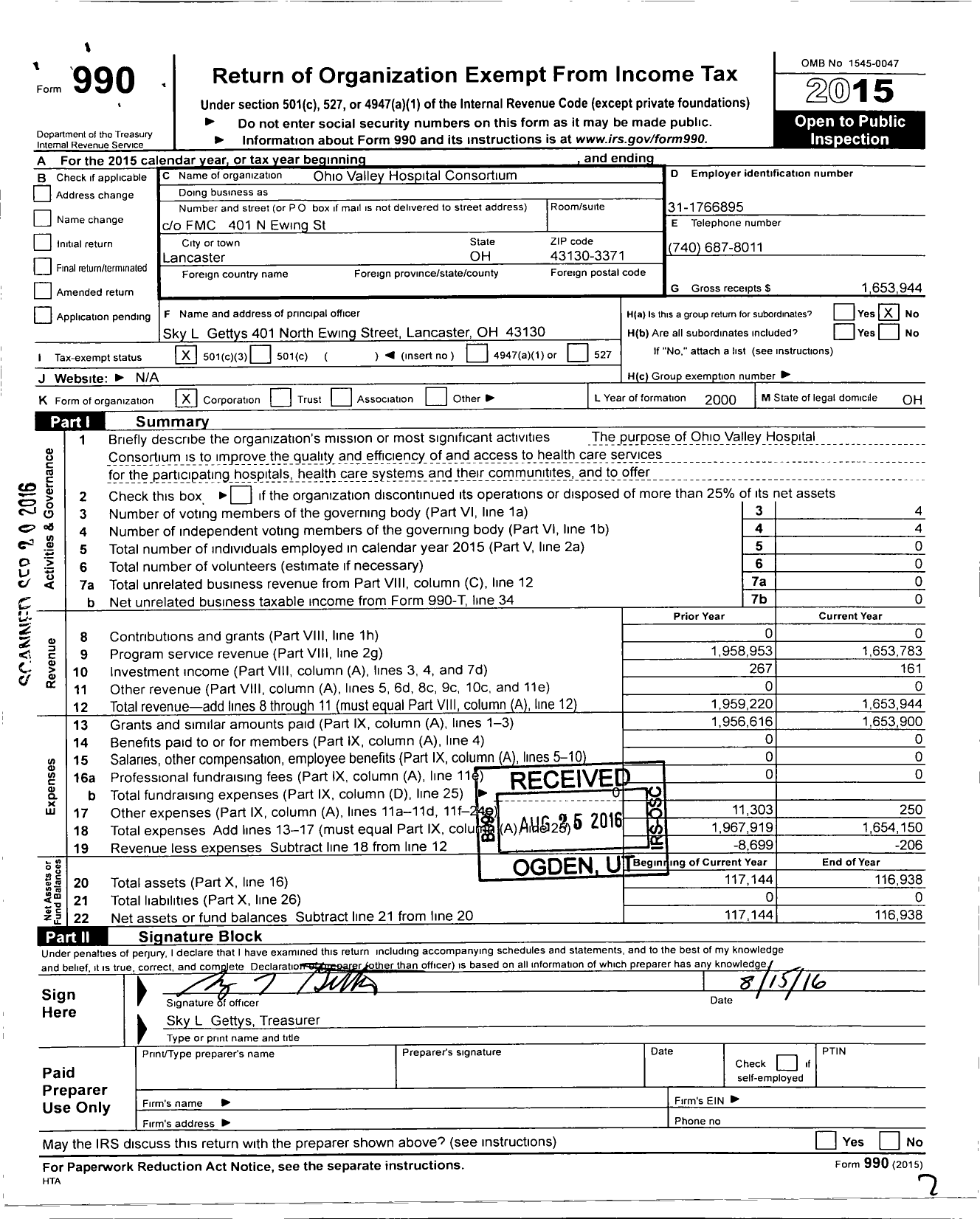 Image of first page of 2015 Form 990 for Ohio Valley Hospital Consortium