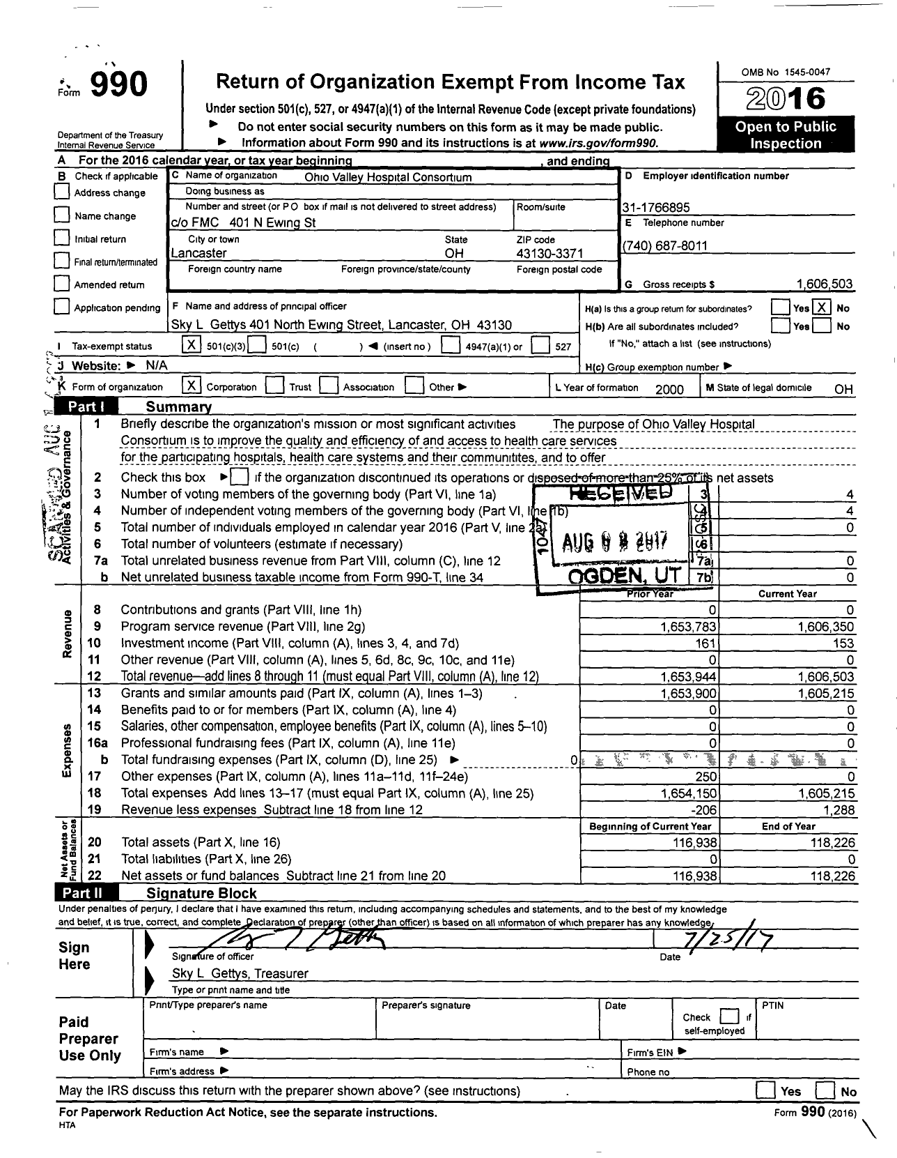 Image of first page of 2016 Form 990 for Ohio Valley Hospital Consortium