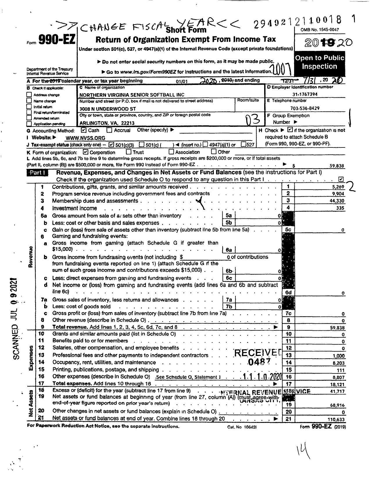 Image of first page of 2019 Form 990EZ for Northern Virginia Senior Softball