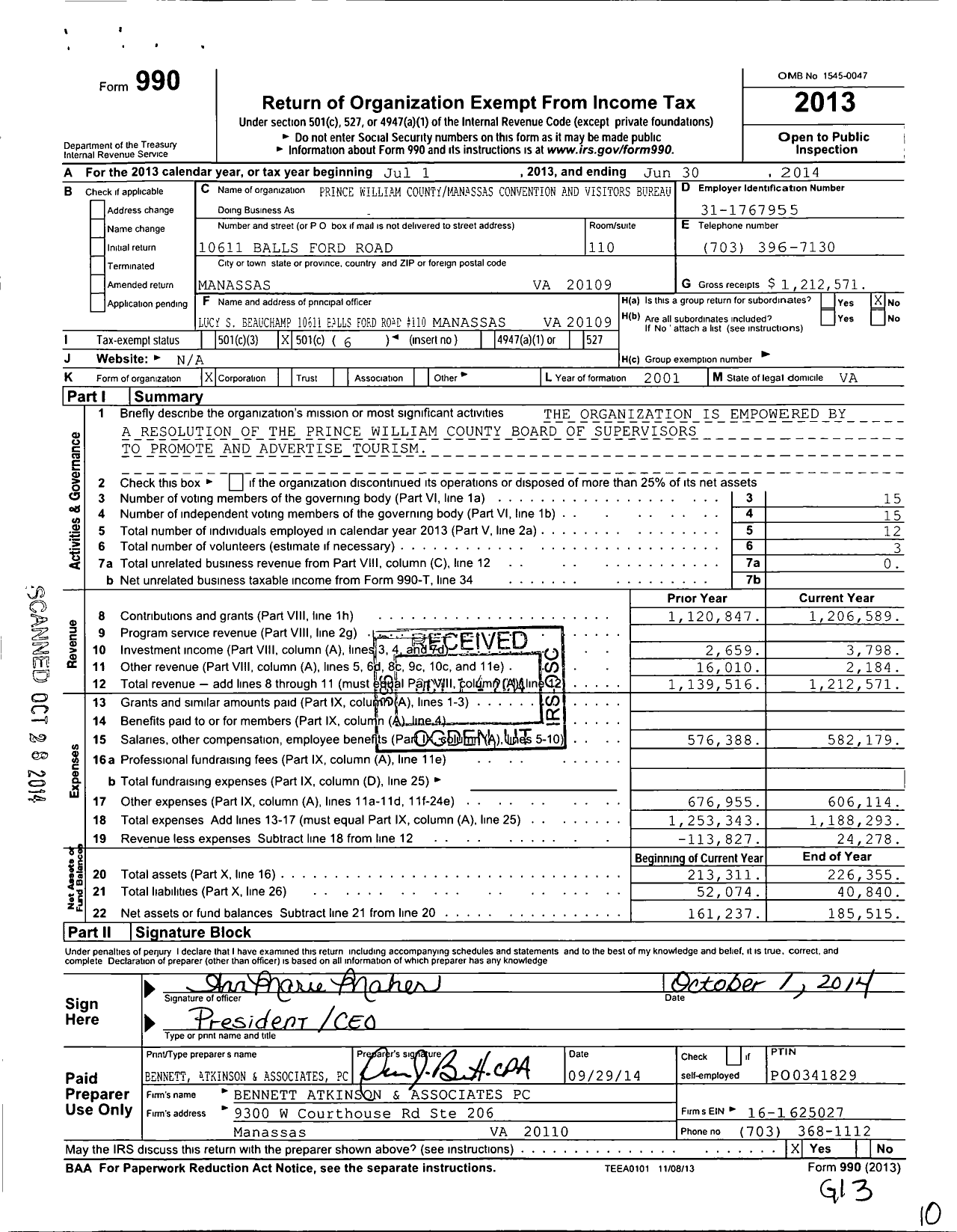 Image of first page of 2013 Form 990O for Prince William County Manassas Convention and Visitors Bureau