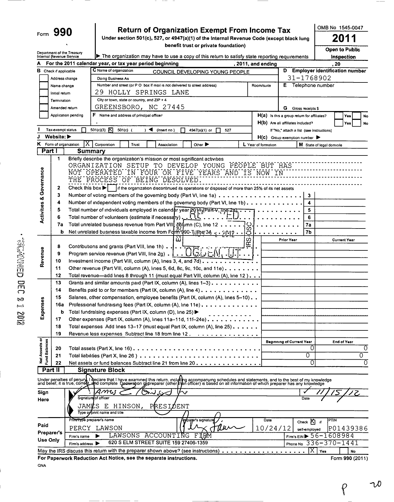 Image of first page of 2011 Form 990O for Council Developing Young People