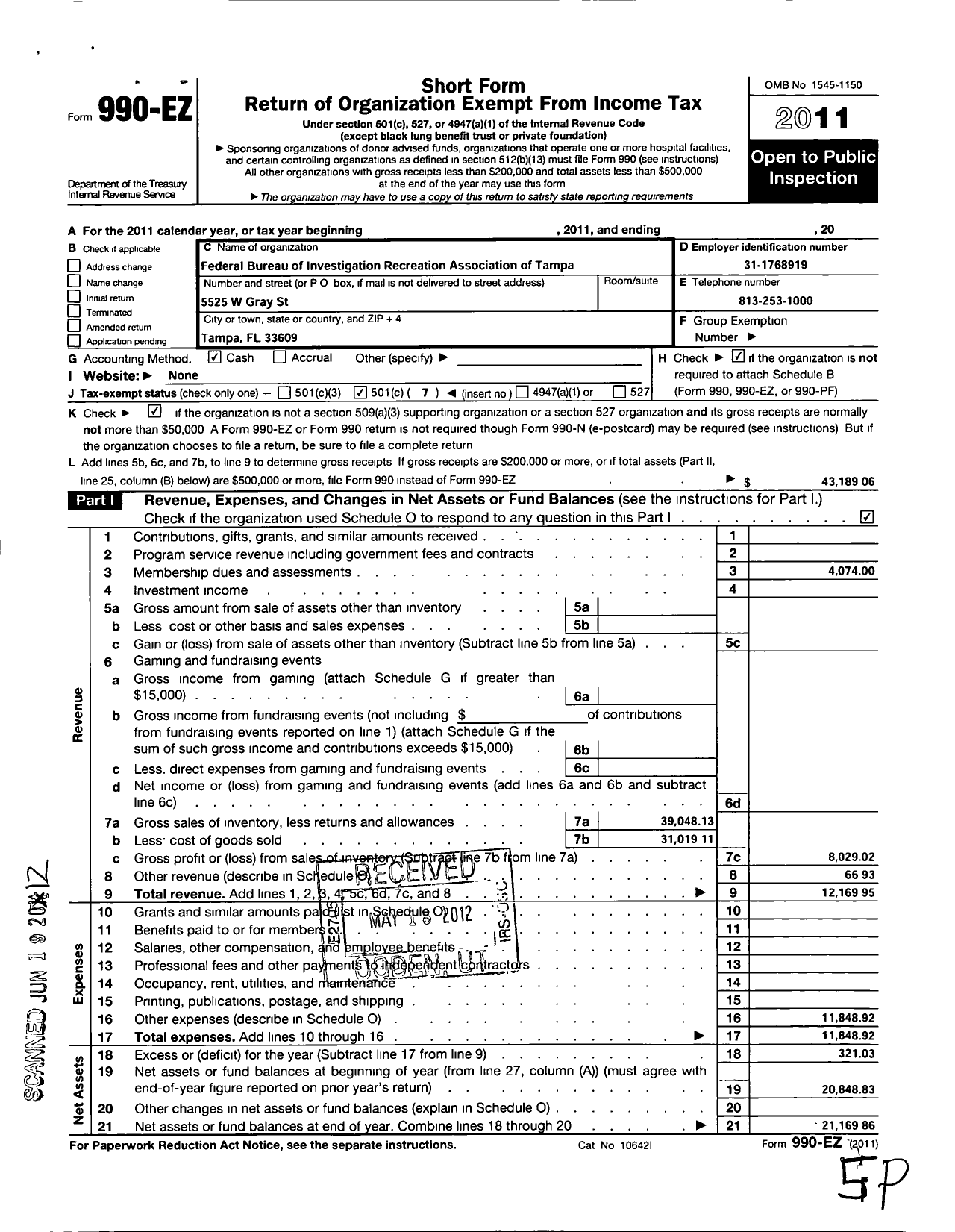 Image of first page of 2011 Form 990EO for Federal Bureau of Investigation Recreation Association of Tampa