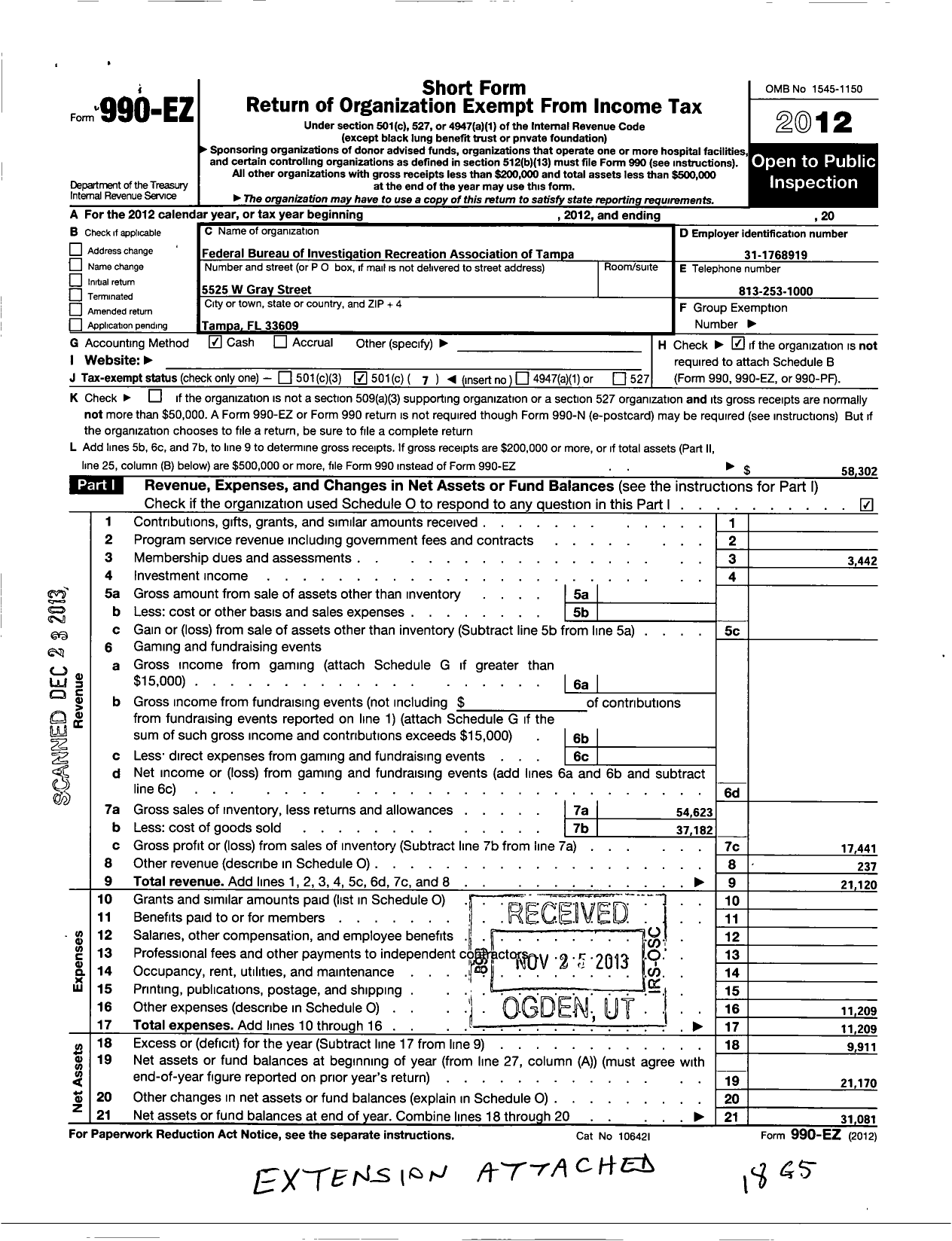 Image of first page of 2012 Form 990EO for Federal Bureau of Investigation Recreation Association of Tampa