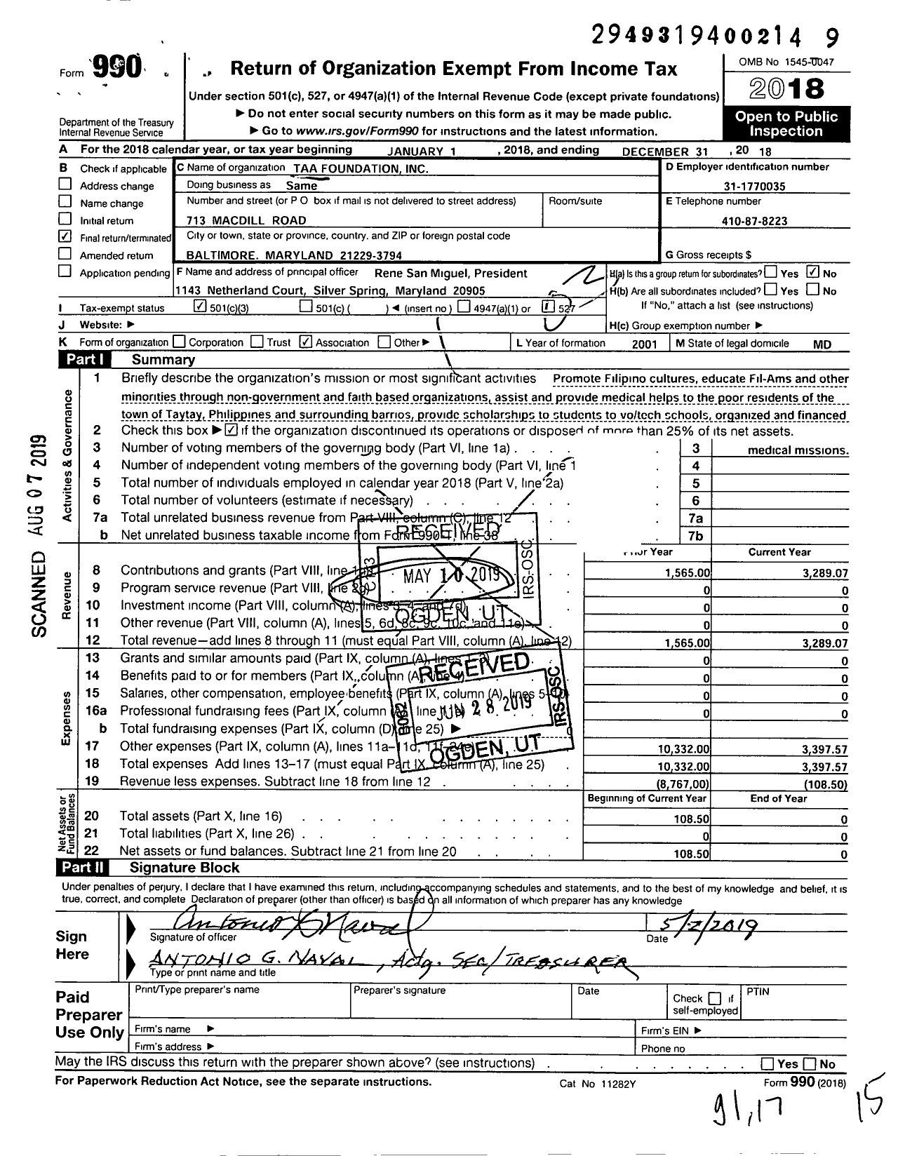 Image of first page of 2018 Form 990 for Taa Foundation