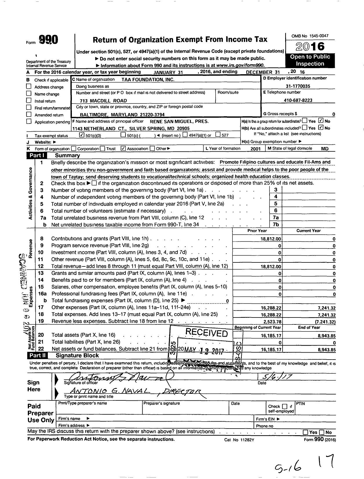 Image of first page of 2016 Form 990 for Taa Foundation