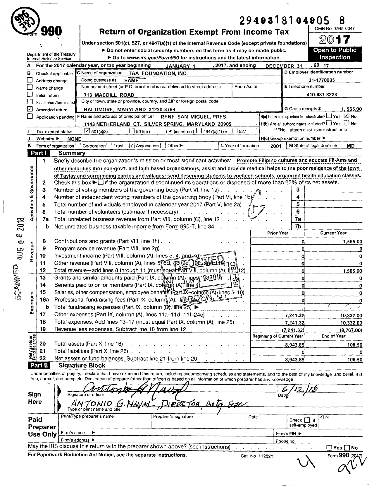 Image of first page of 2017 Form 990 for Taa Foundation