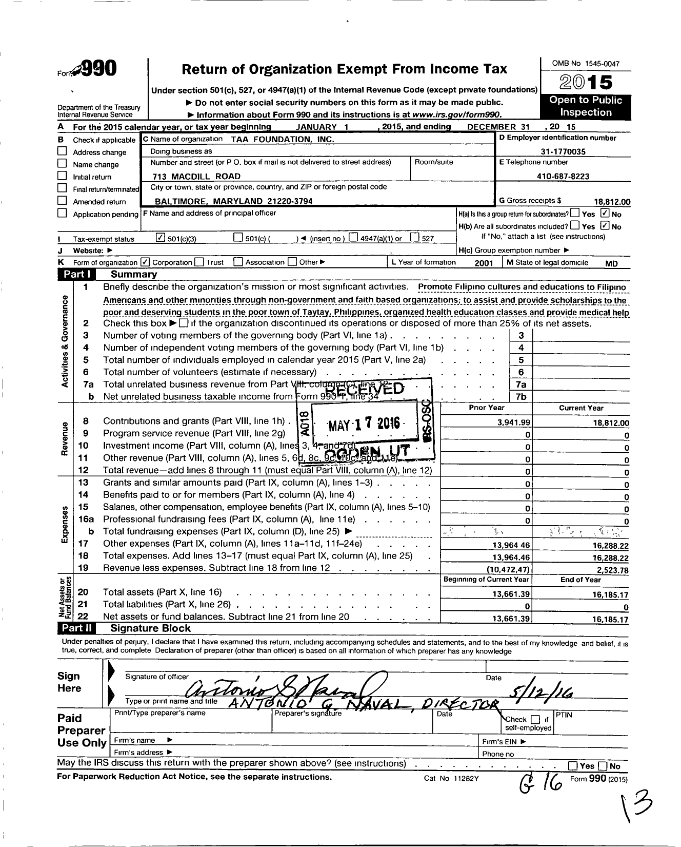 Image of first page of 2015 Form 990 for Taa Foundation