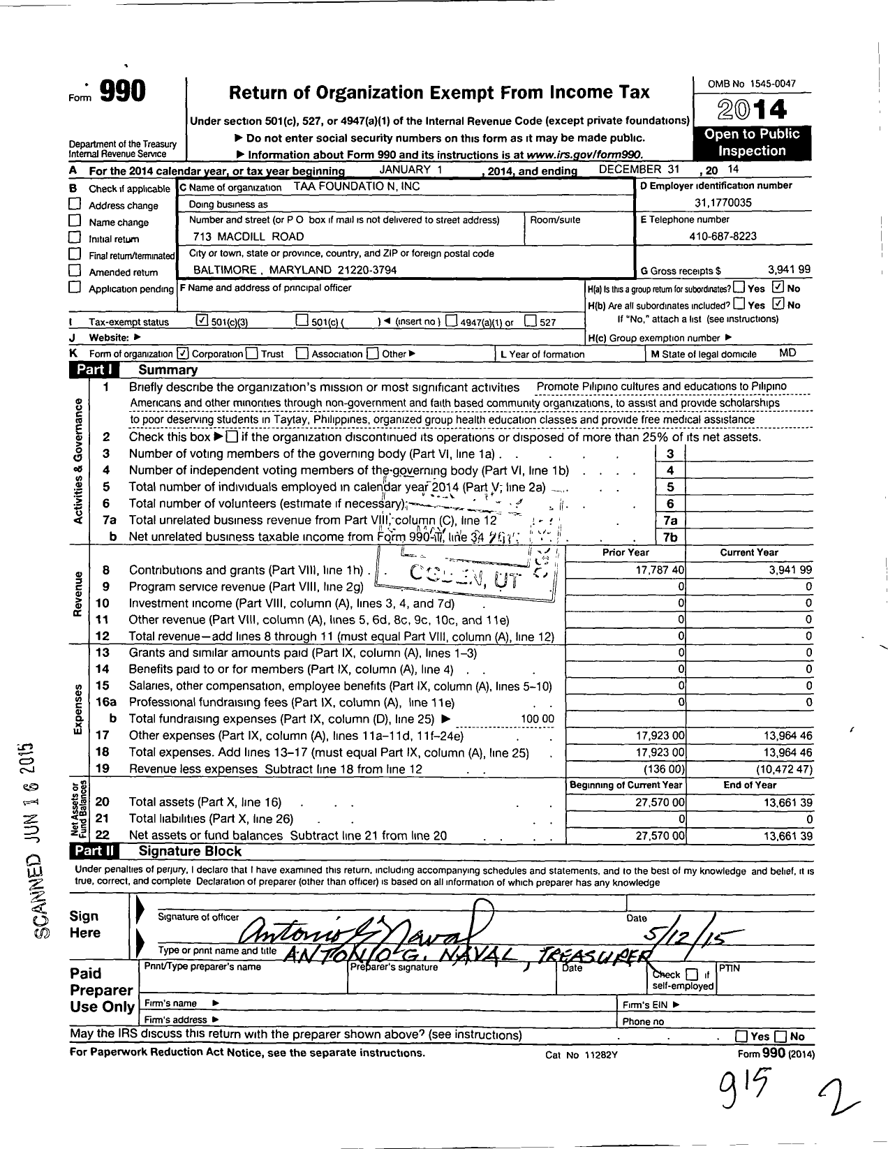 Image of first page of 2014 Form 990 for Taa Foundation