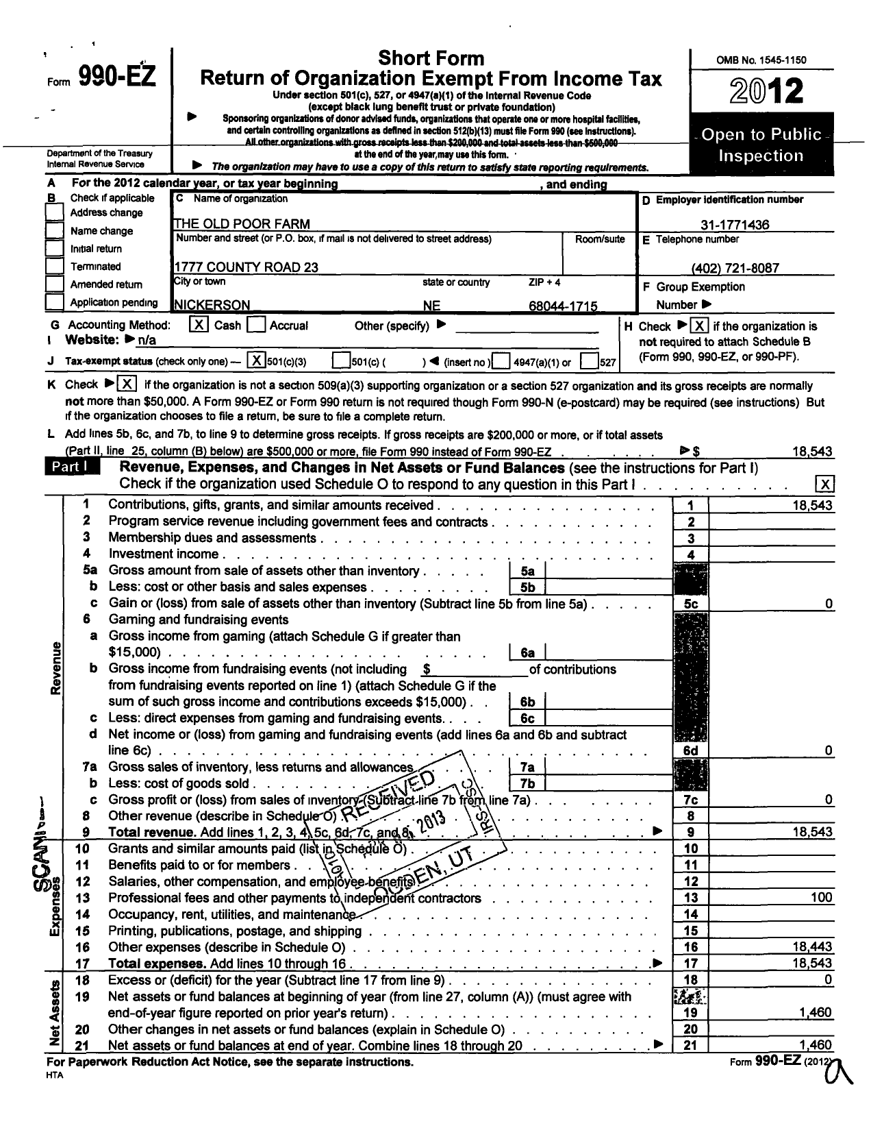 Image of first page of 2012 Form 990EZ for Old Poor Farm