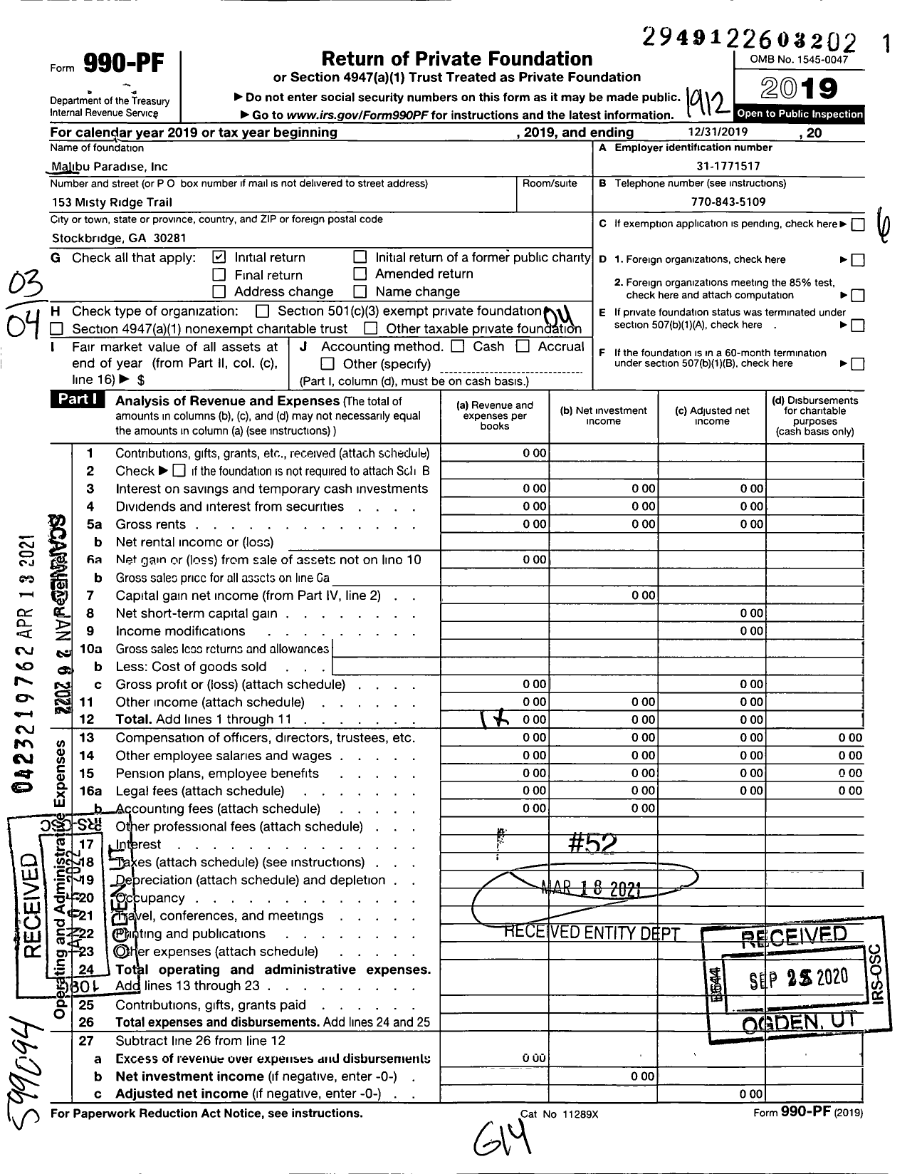 Image of first page of 2019 Form 990PF for Malibu Paradise