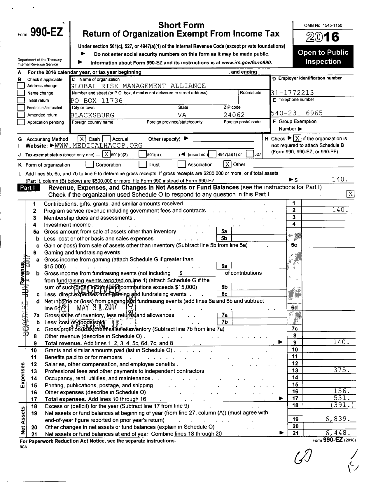 Image of first page of 2016 Form 990EZ for Global Risk Management Alliance