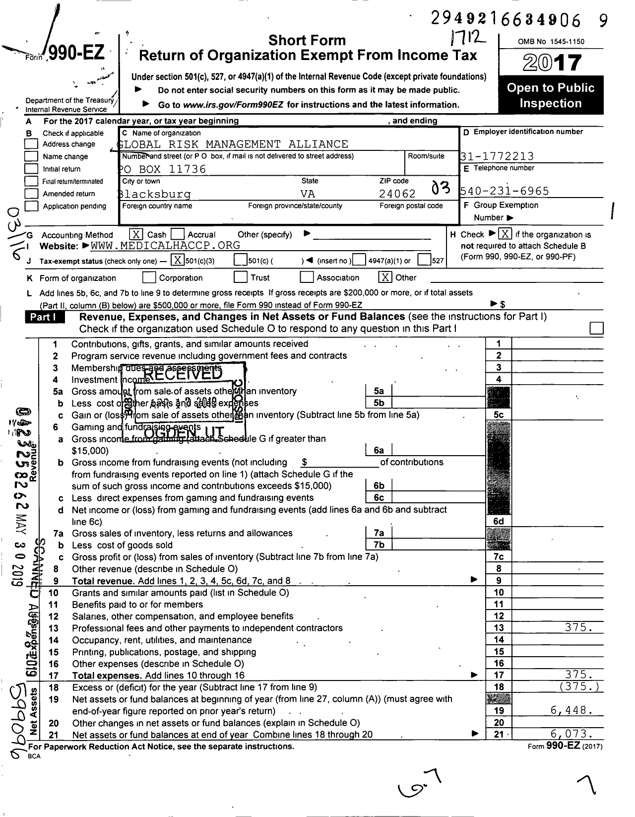 Image of first page of 2017 Form 990EZ for Global Risk Management Alliance