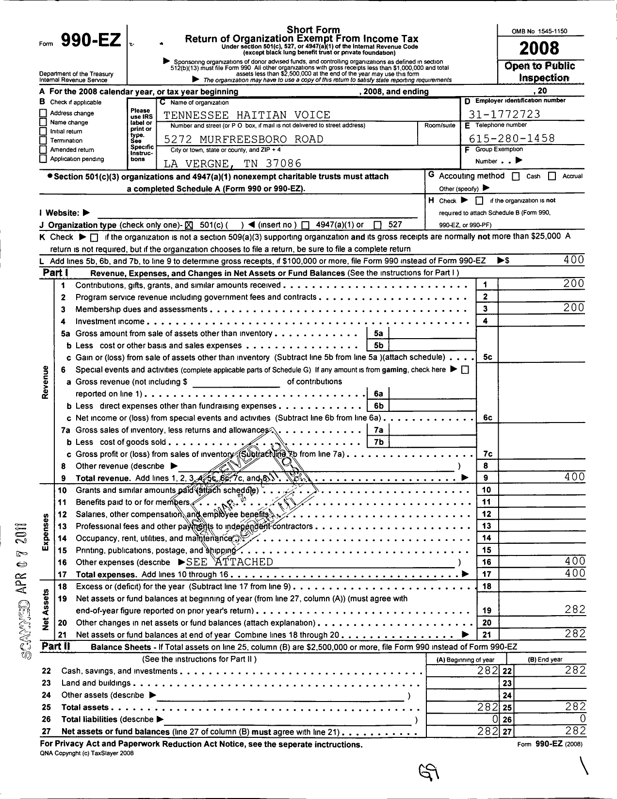 Image of first page of 2008 Form 990EO for Tennessee Haitian Voice