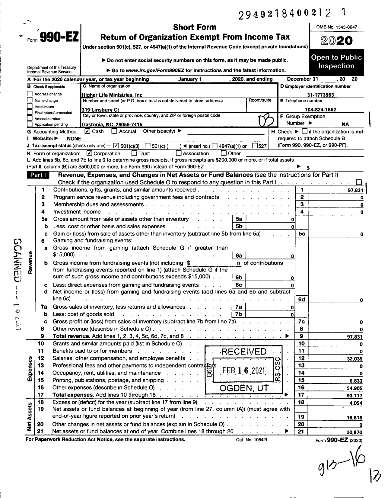 Image of first page of 2020 Form 990EZ for Higher LIfe Ministries