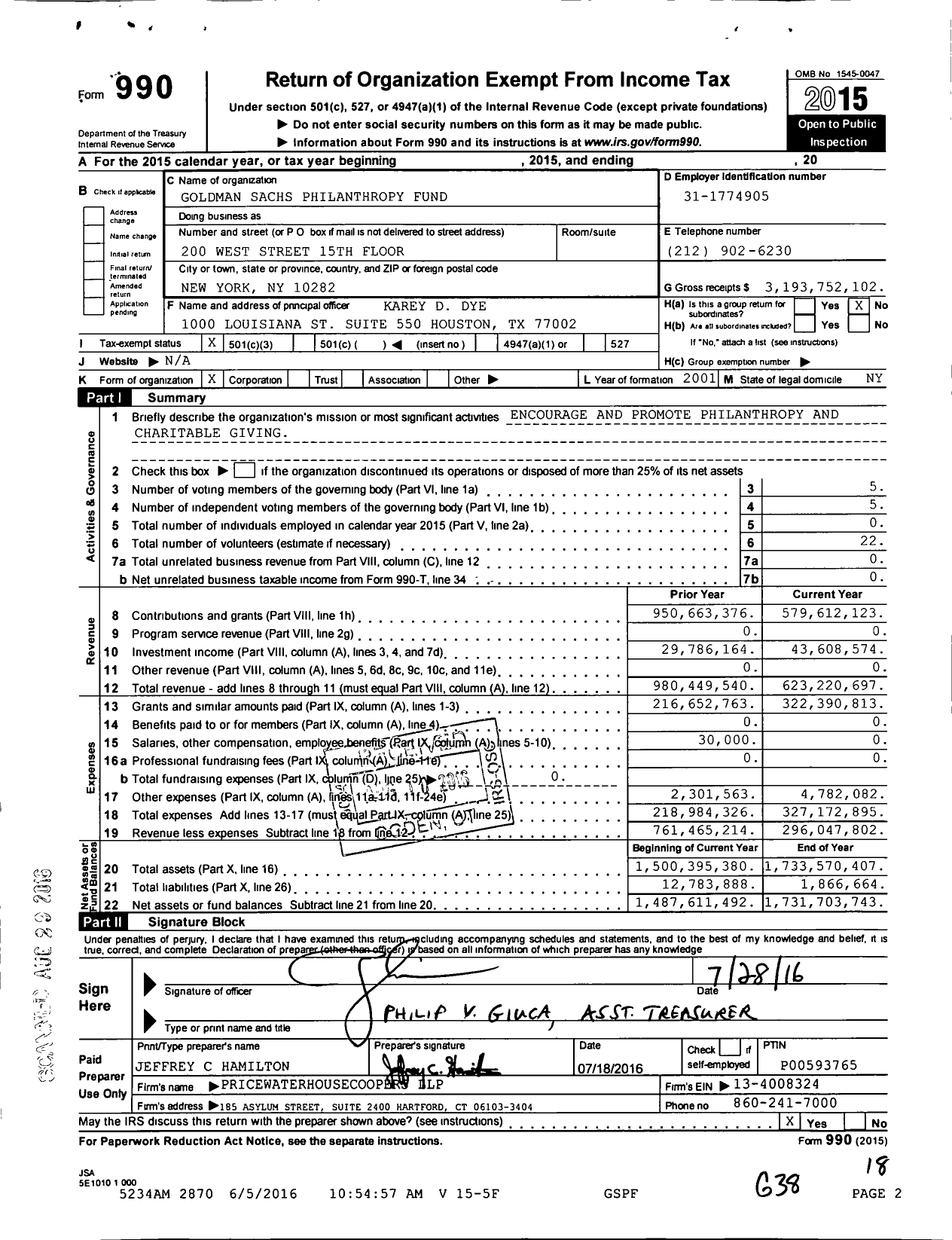 Image of first page of 2015 Form 990 for Goldman Sachs Philanthropy Fund (GSPF)