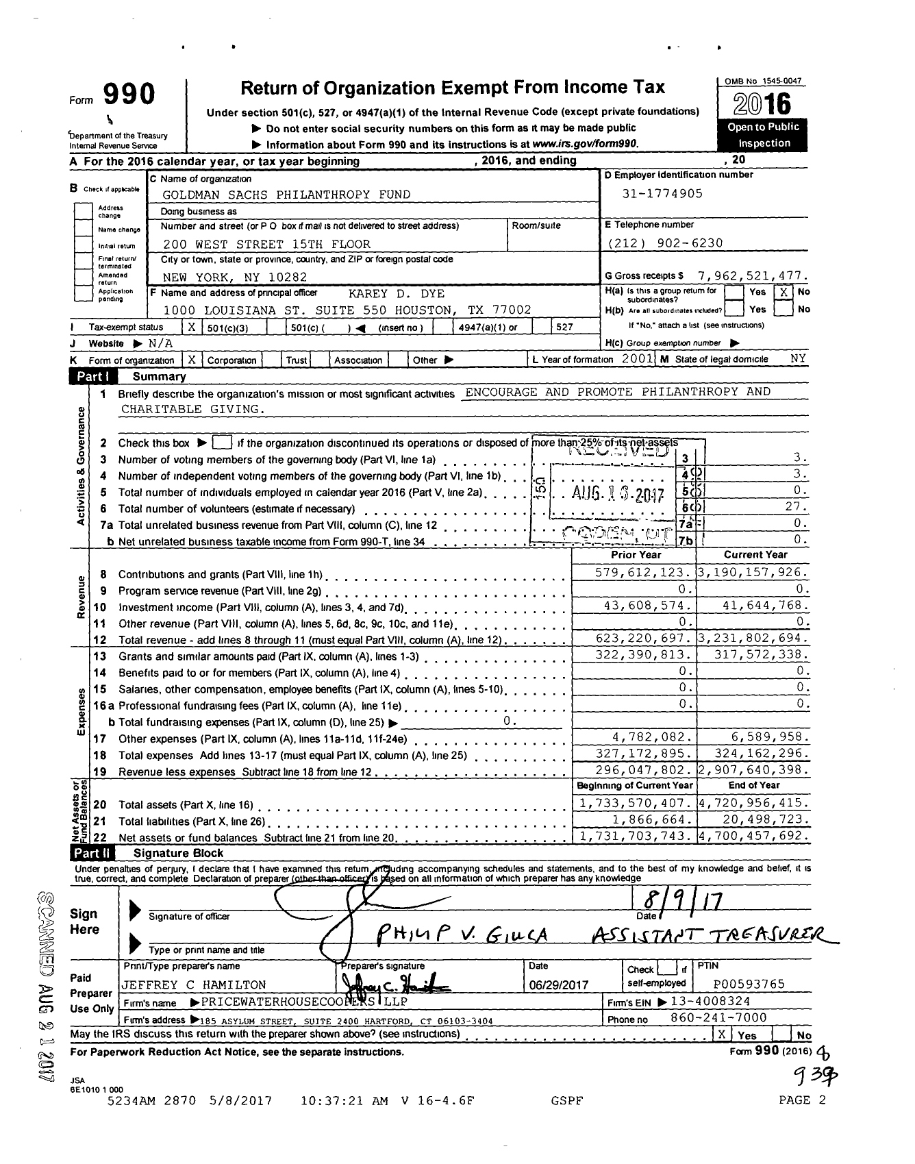 Image of first page of 2016 Form 990 for Goldman Sachs Philanthropy Fund (GSPF)