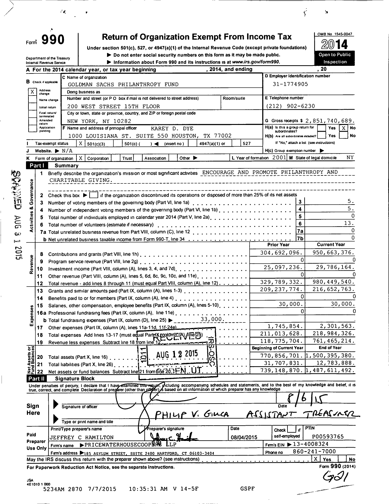 Image of first page of 2014 Form 990 for Goldman Sachs Philanthropy Fund (GSPF)