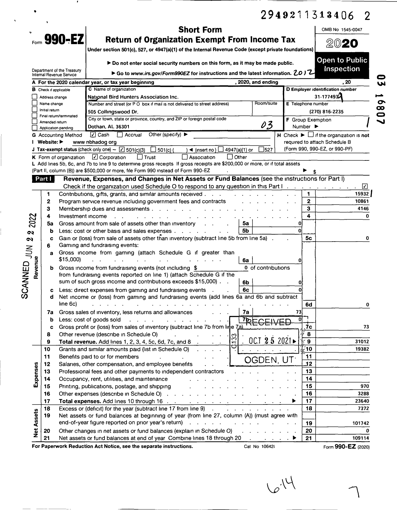 Image of first page of 2020 Form 990EZ for National Bird Hunters Association