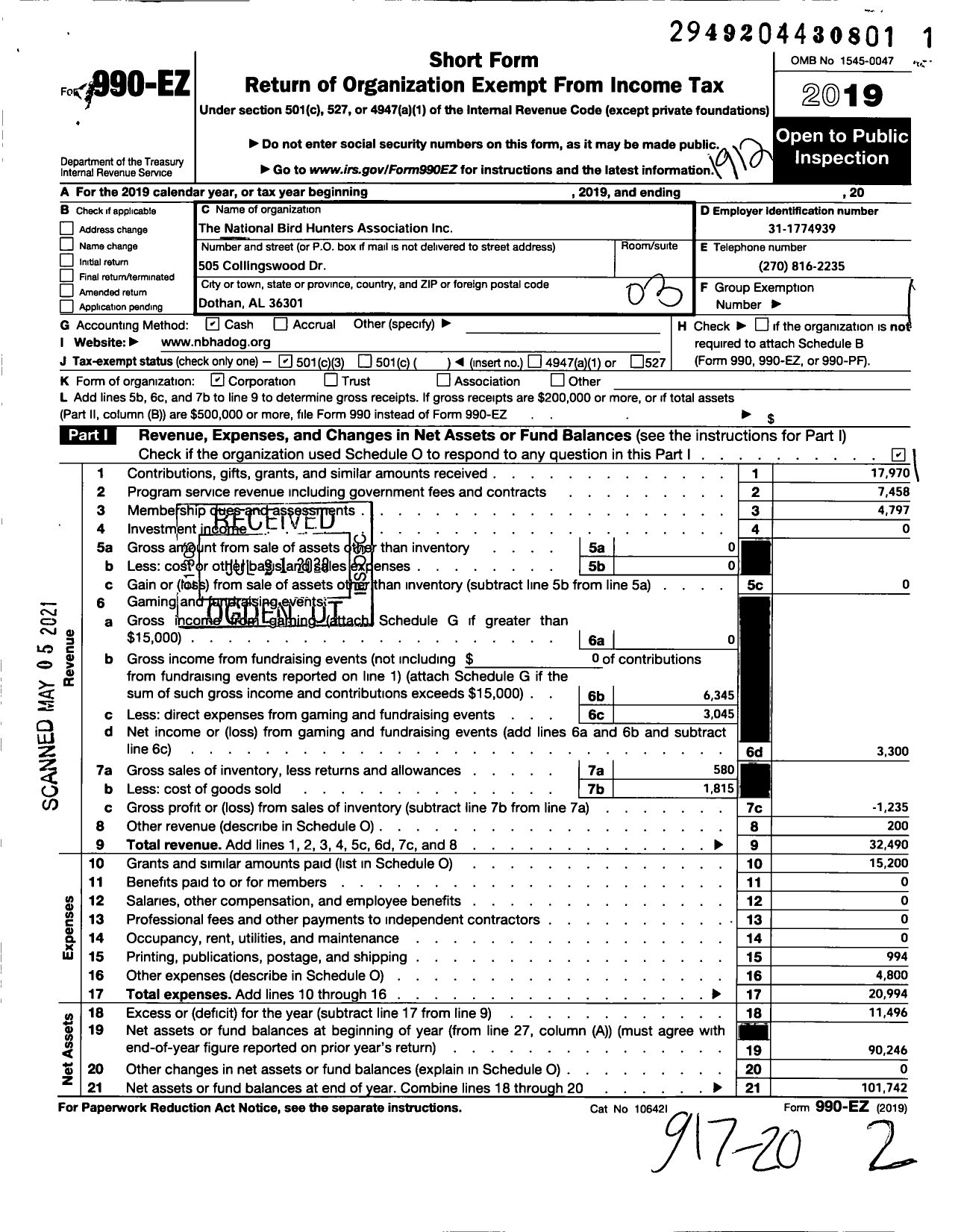 Image of first page of 2019 Form 990EZ for National Bird Hunters Association