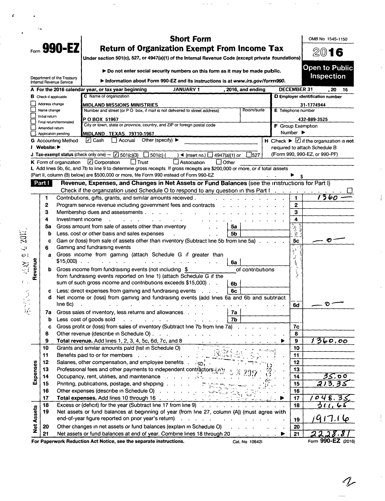 Image of first page of 2016 Form 990EZ for Midland Mission Ministries