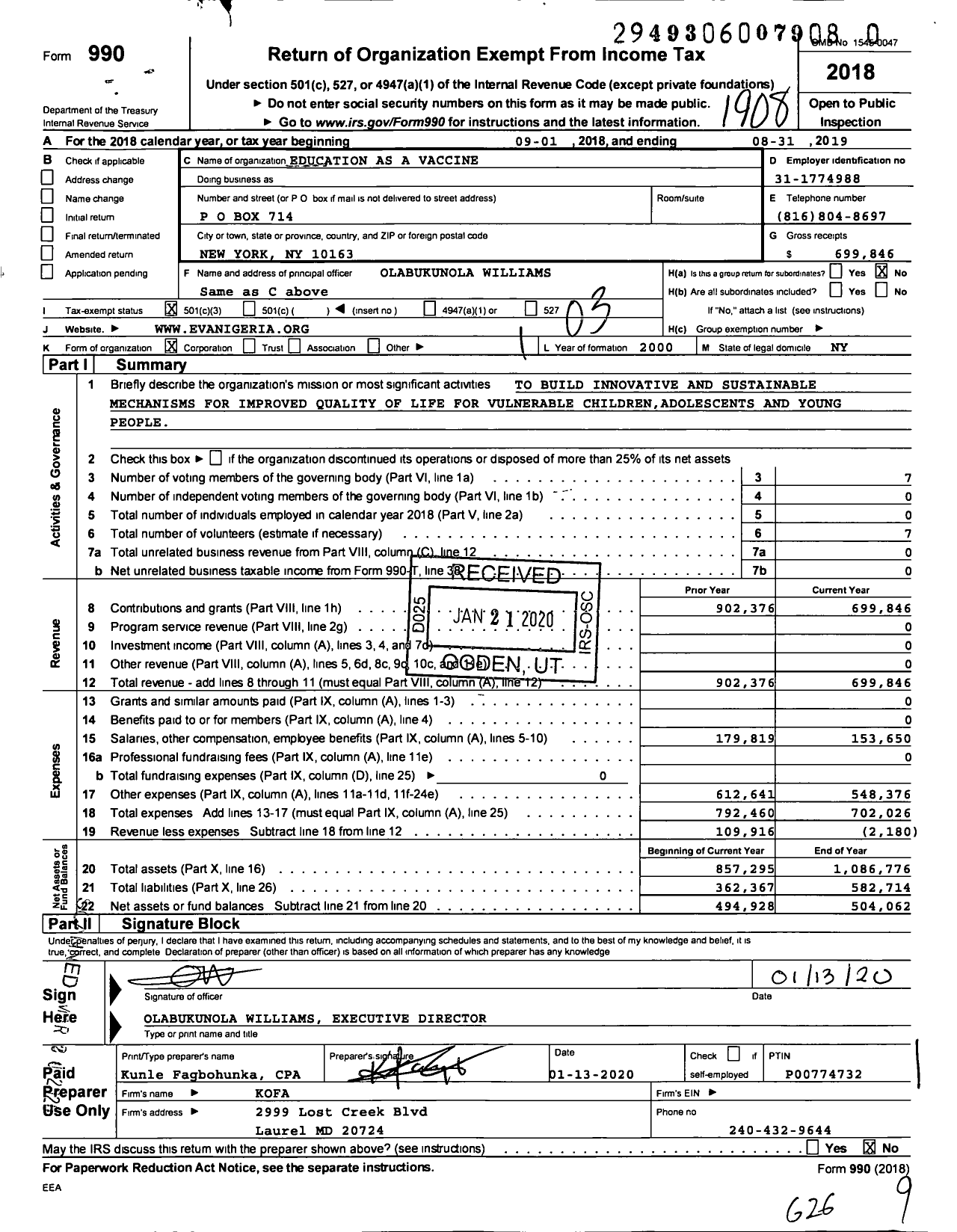 Image of first page of 2018 Form 990 for Education As A Vaccine