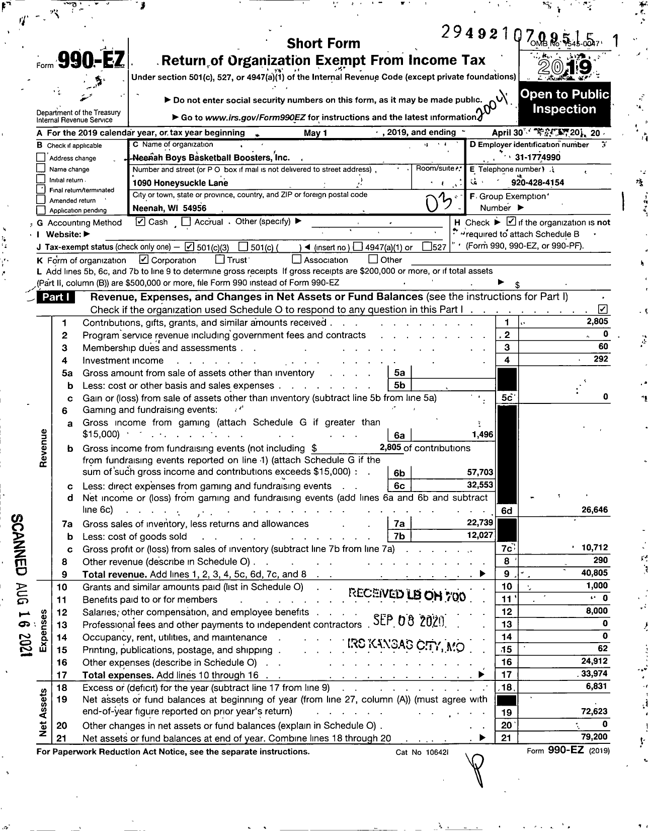 Image of first page of 2019 Form 990EZ for Neenah Boys Basketball Boosters