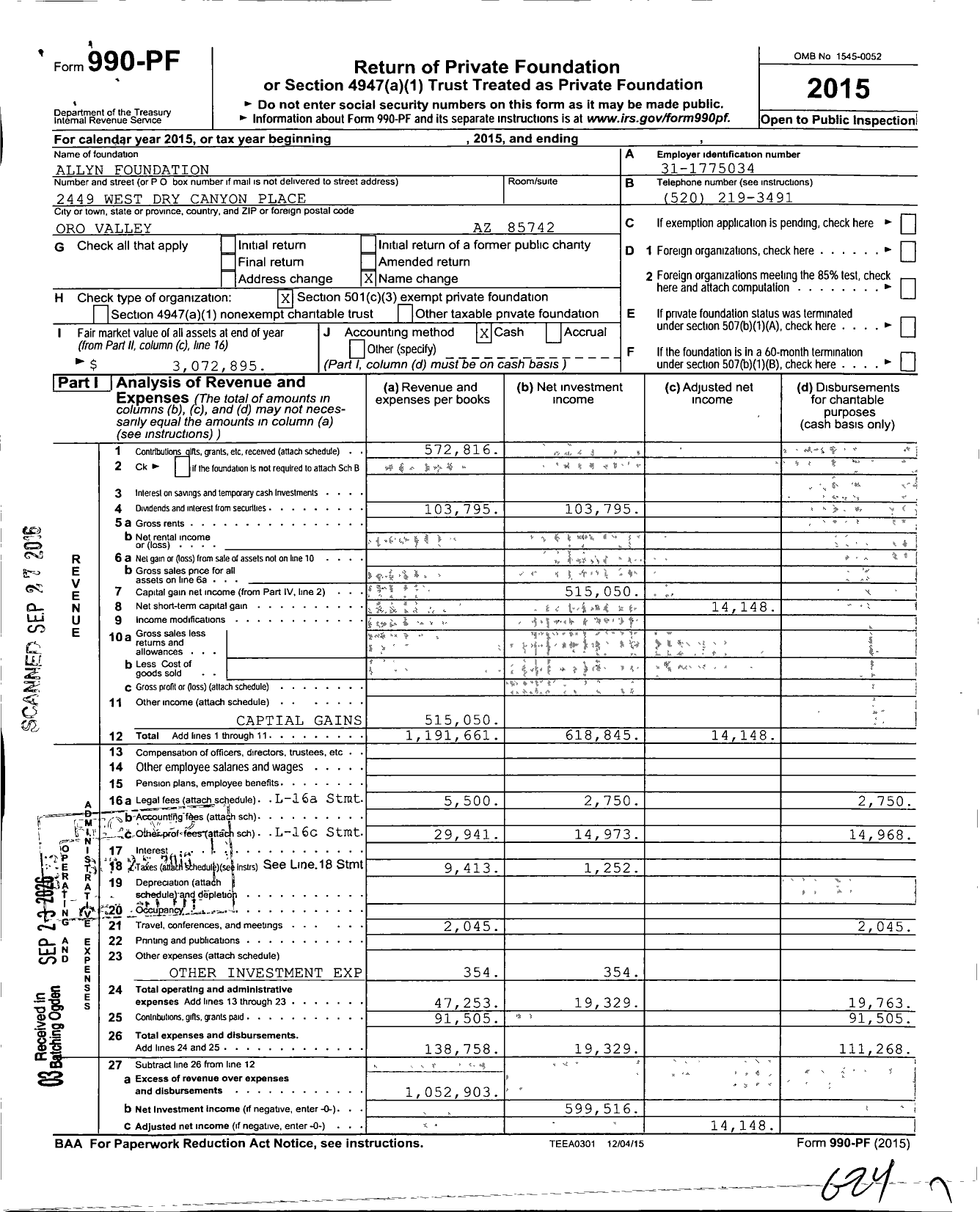 Image of first page of 2015 Form 990PF for Allyn Foundation