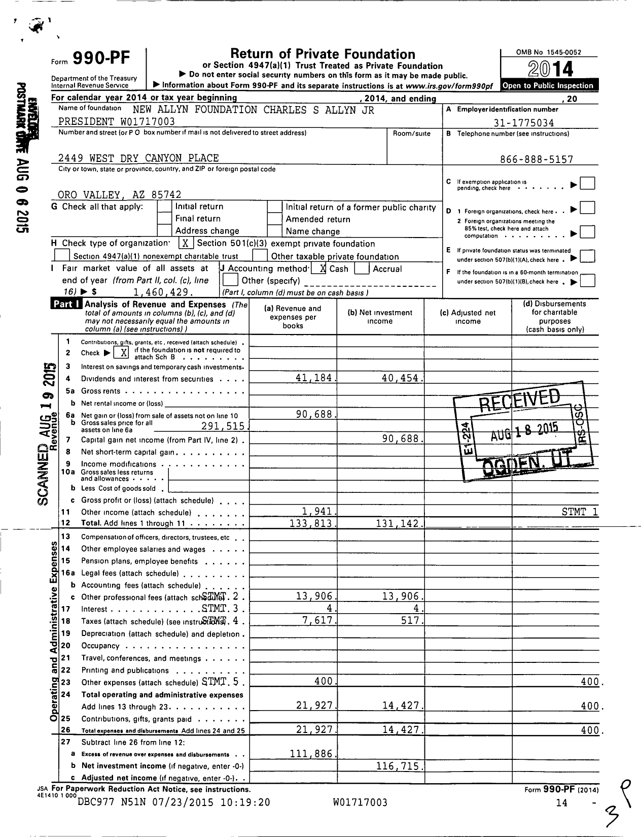 Image of first page of 2014 Form 990PF for Allyn Foundation
