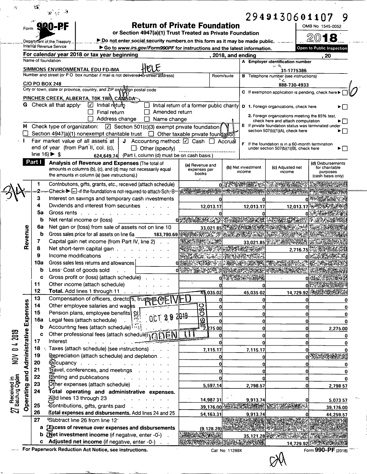 Image of first page of 2018 Form 990PF for Simmons Environmental Edu FD Ima Simmons