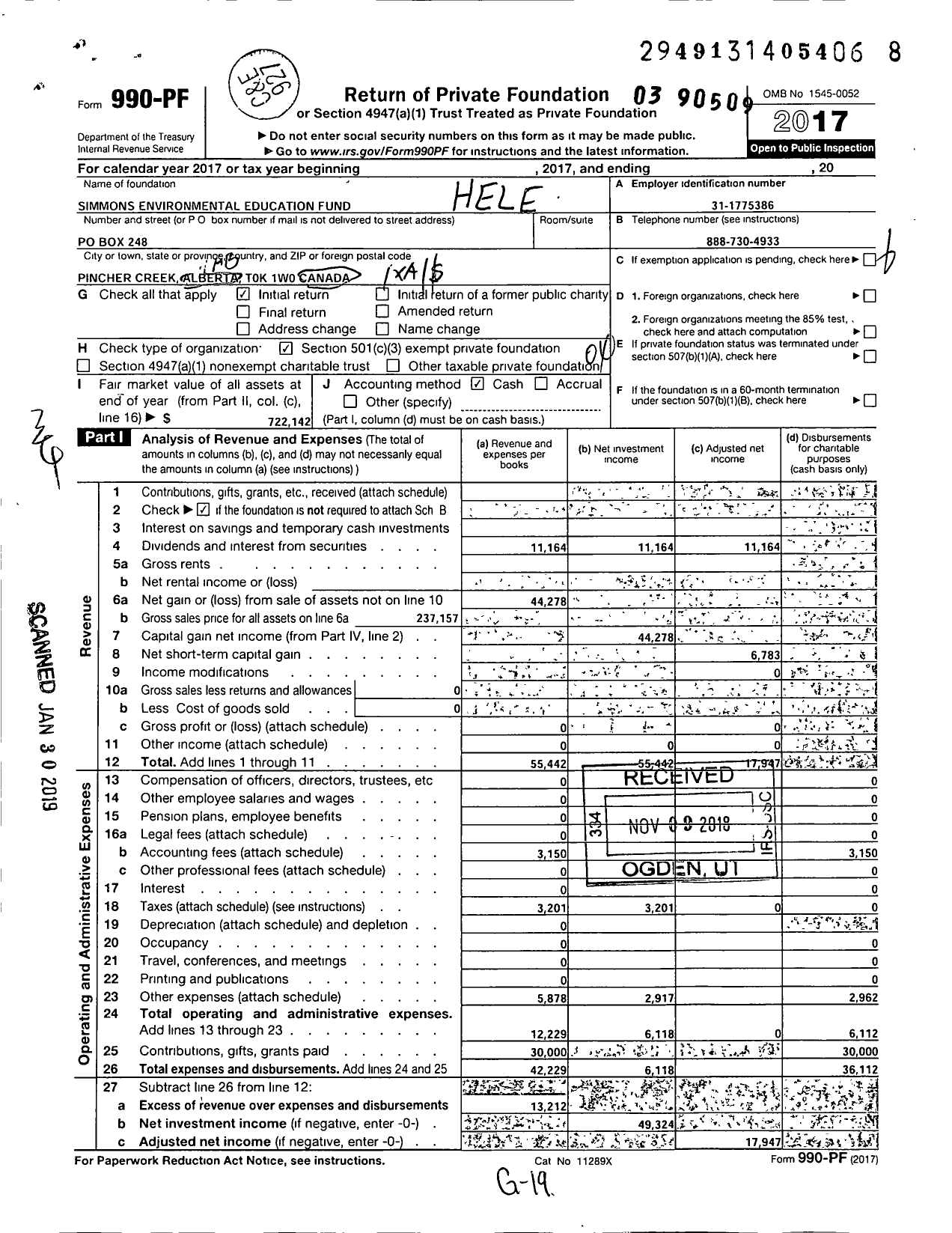Image of first page of 2017 Form 990PF for Simmons Environmental Edu FD Ima Simmons