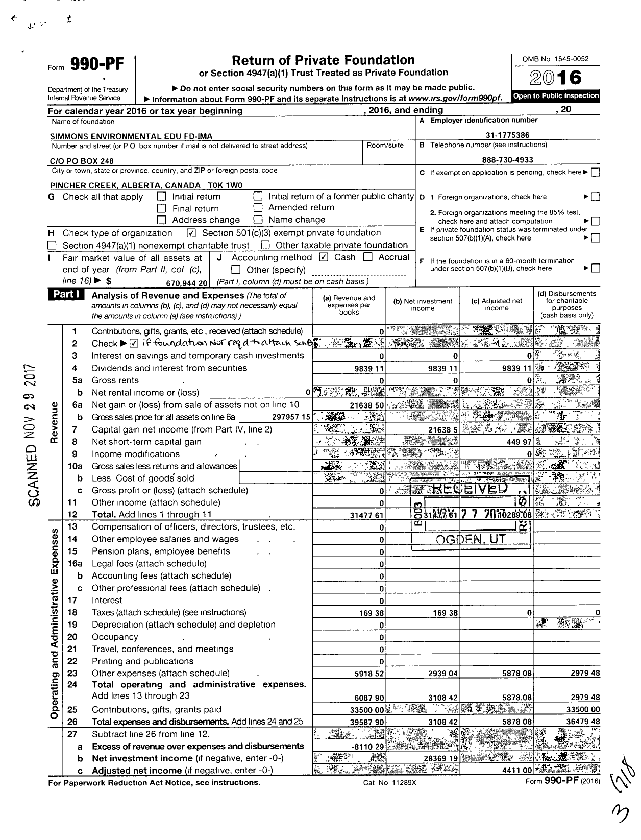 Image of first page of 2016 Form 990PF for Simmons Environmental Edu FD Ima Simmons
