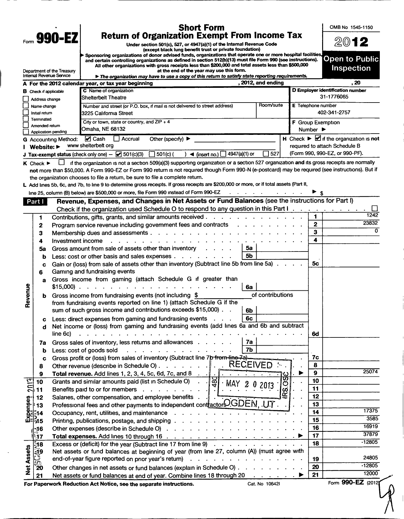 Image of first page of 2012 Form 990EZ for Shelterbelt Theatre