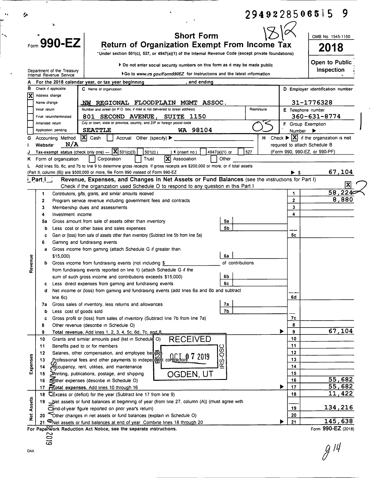 Image of first page of 2018 Form 990EZ for Northwest Regional Floodplain Management Association