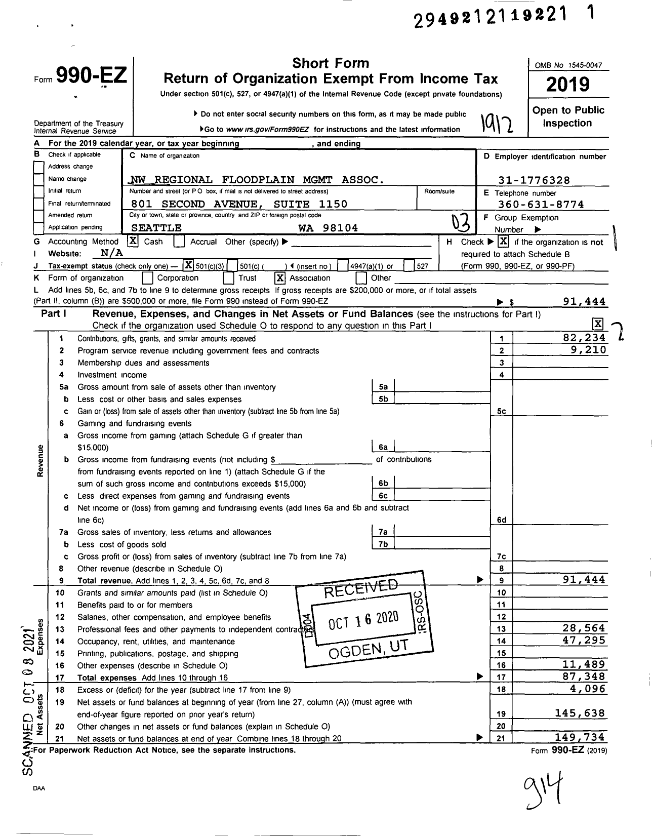 Image of first page of 2019 Form 990EZ for Northwest Regional Floodplain Management Association