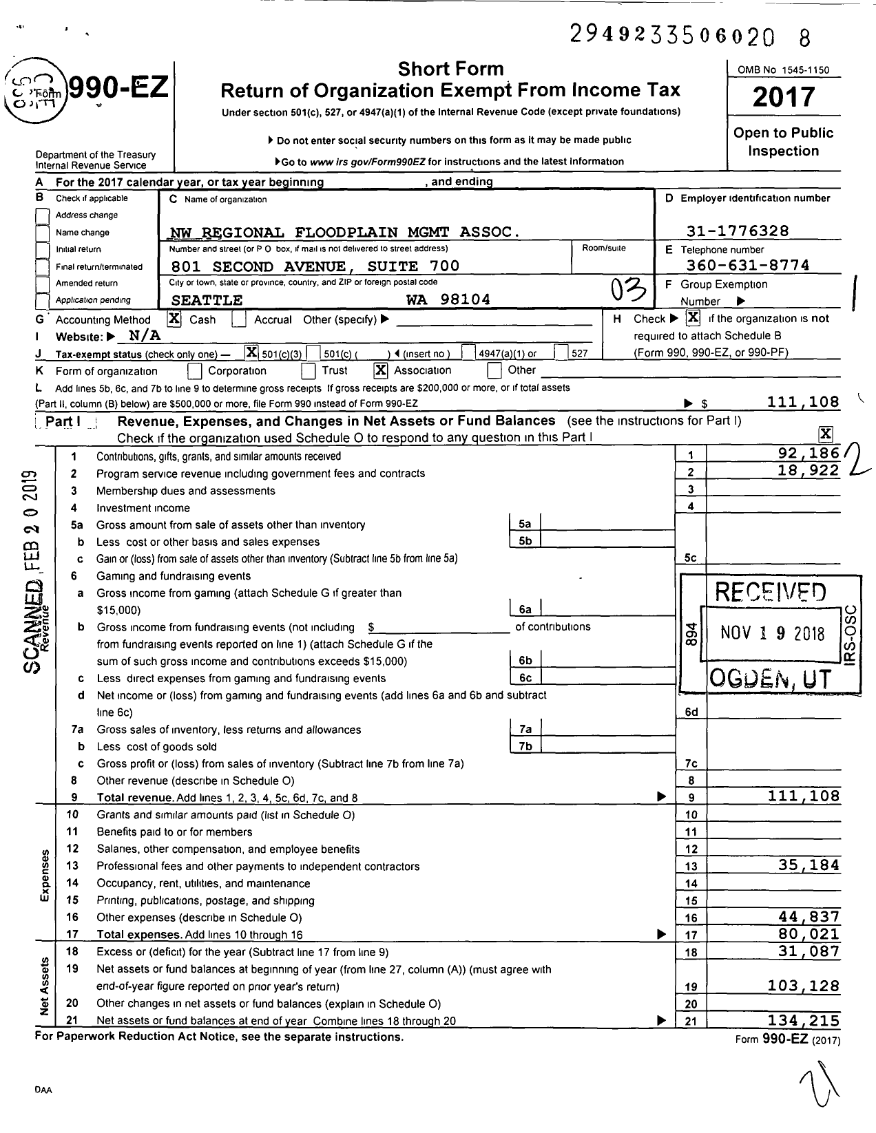 Image of first page of 2017 Form 990EZ for Northwest Regional Floodplain Management Association