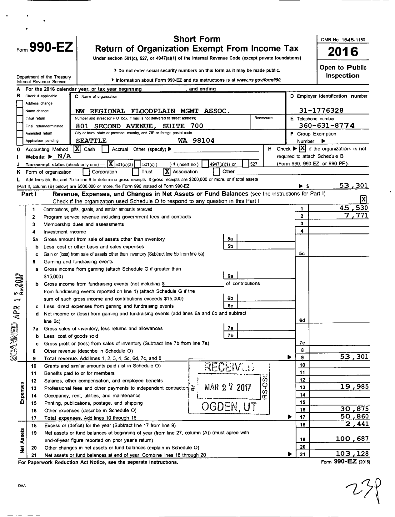 Image of first page of 2016 Form 990EZ for Northwest Regional Floodplain Management Association