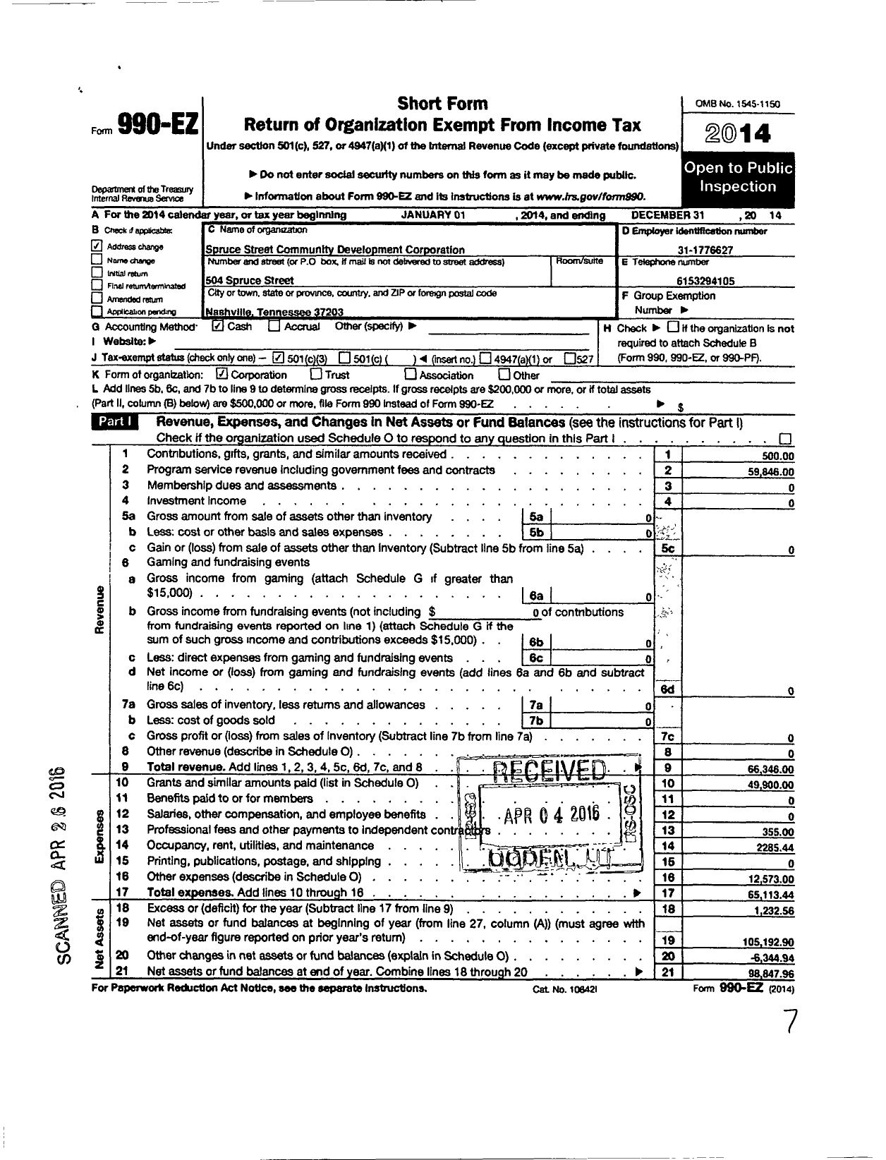 Image of first page of 2014 Form 990EZ for Spruce Street Community Development Corporation
