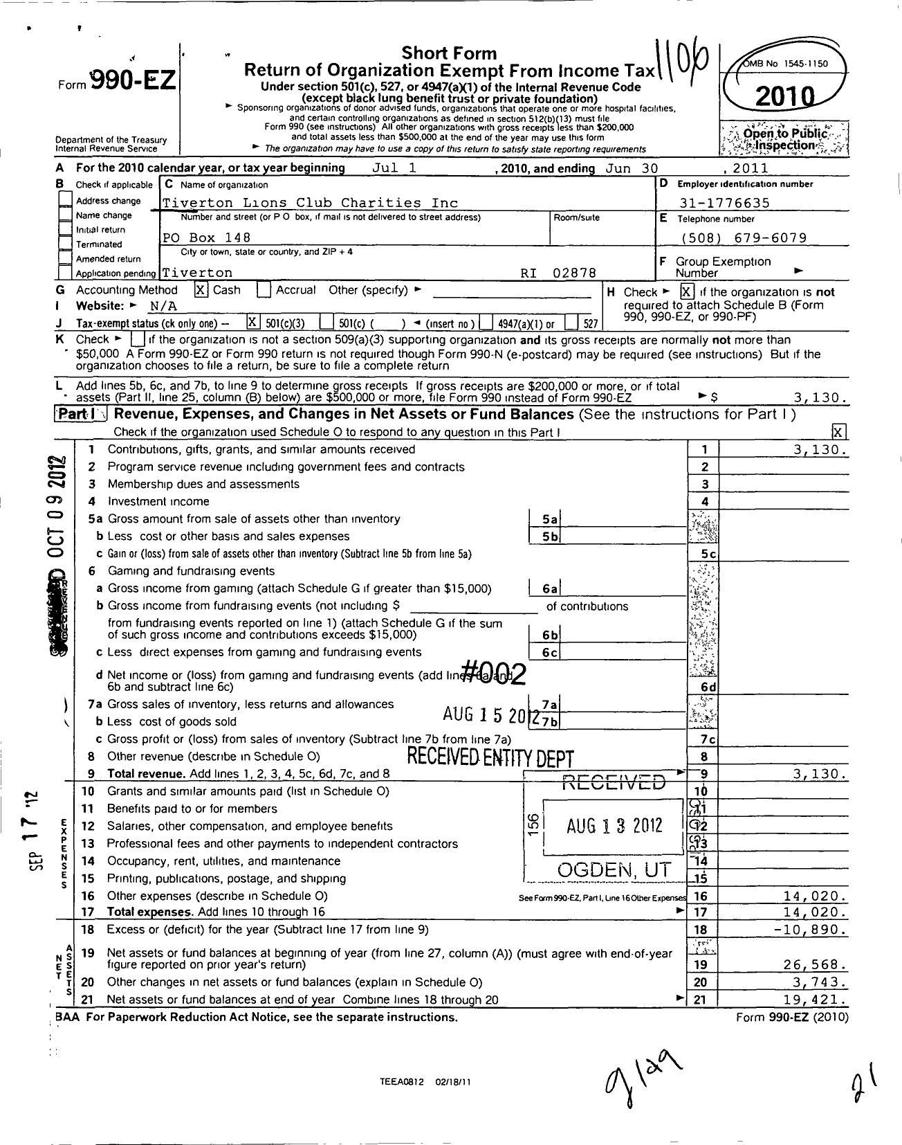 Image of first page of 2010 Form 990EZ for Tiverton Lions Club Charities