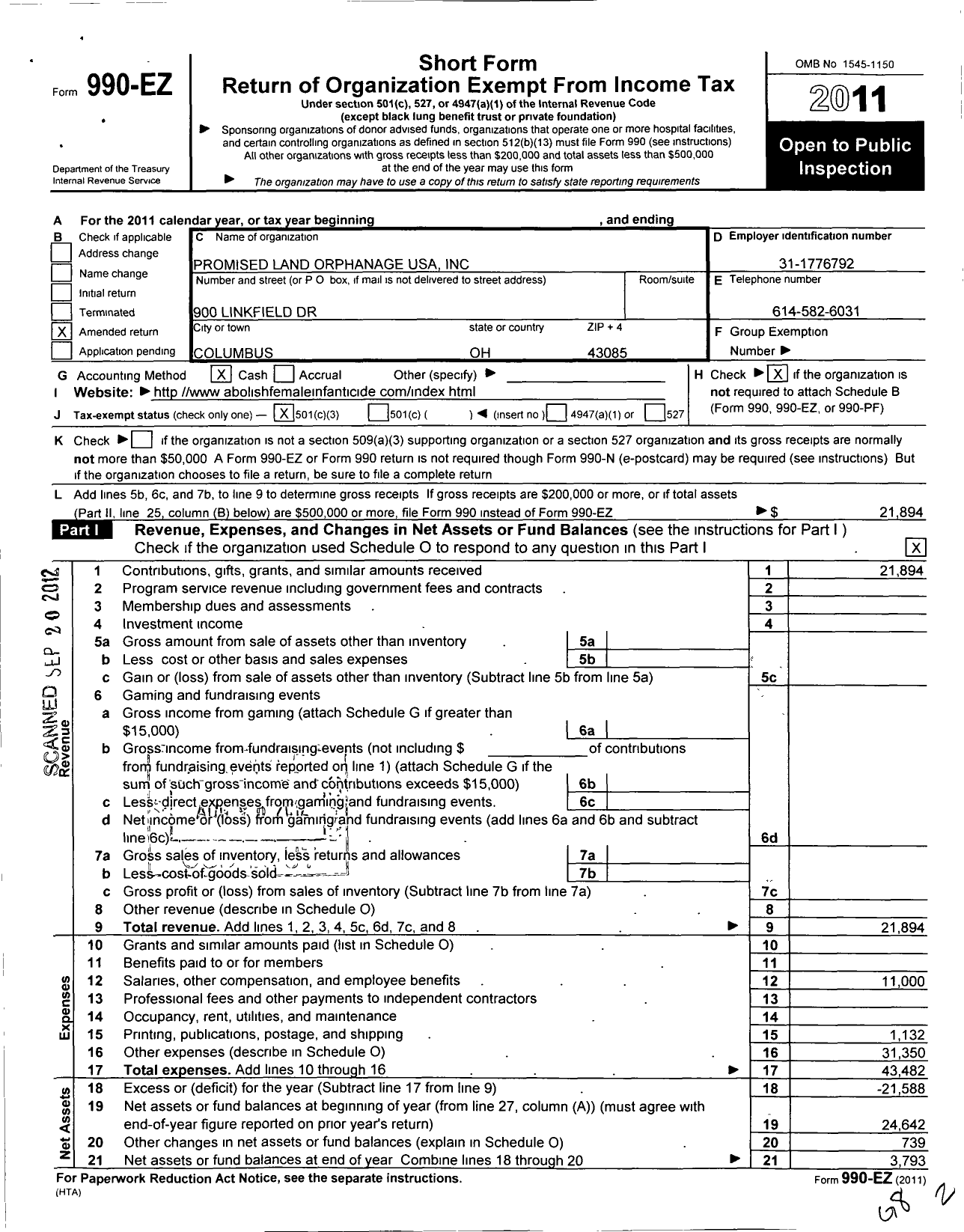 Image of first page of 2011 Form 990EZ for Promised Land Ministries Internatio