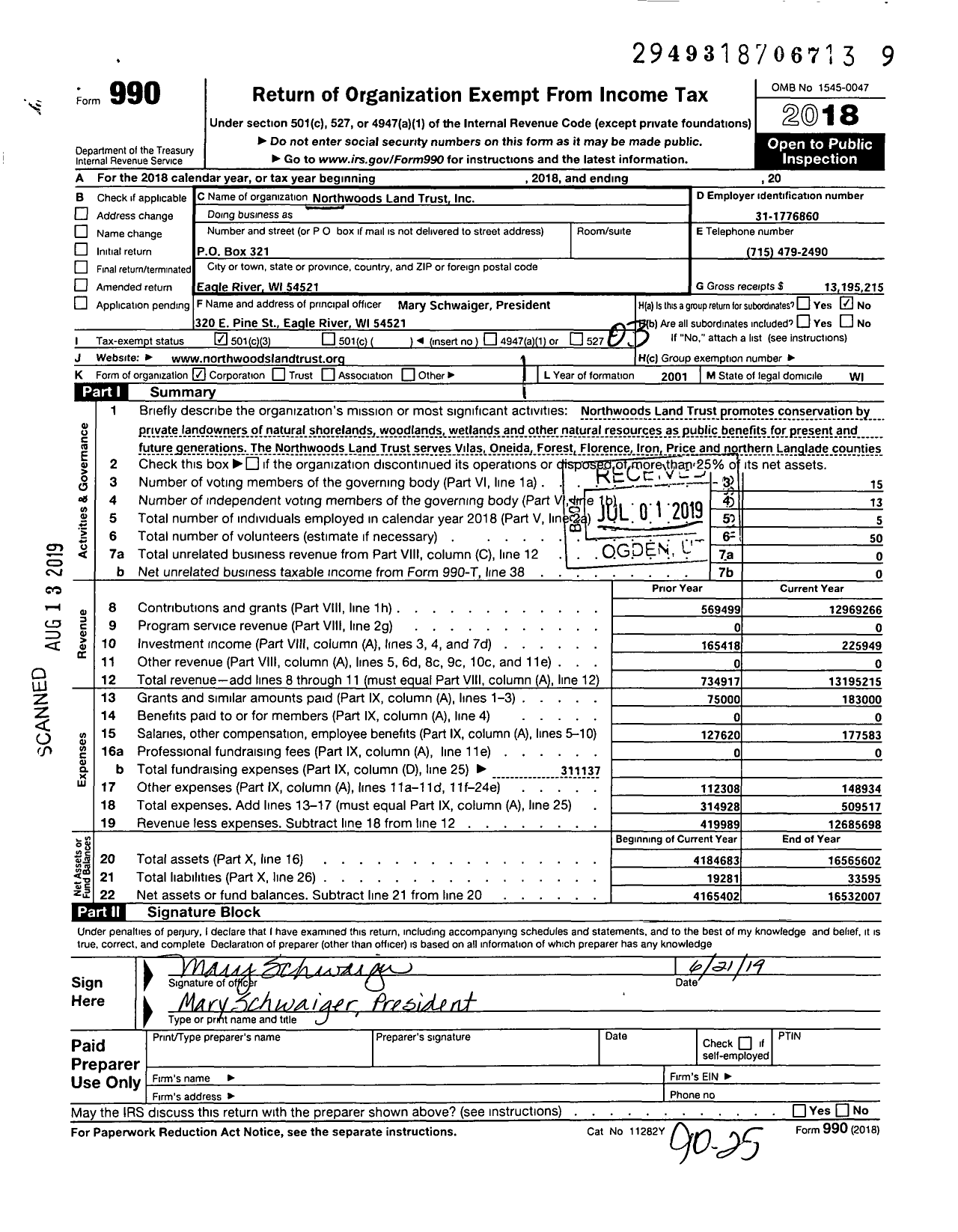 Image of first page of 2018 Form 990 for Northwoods Land Trust