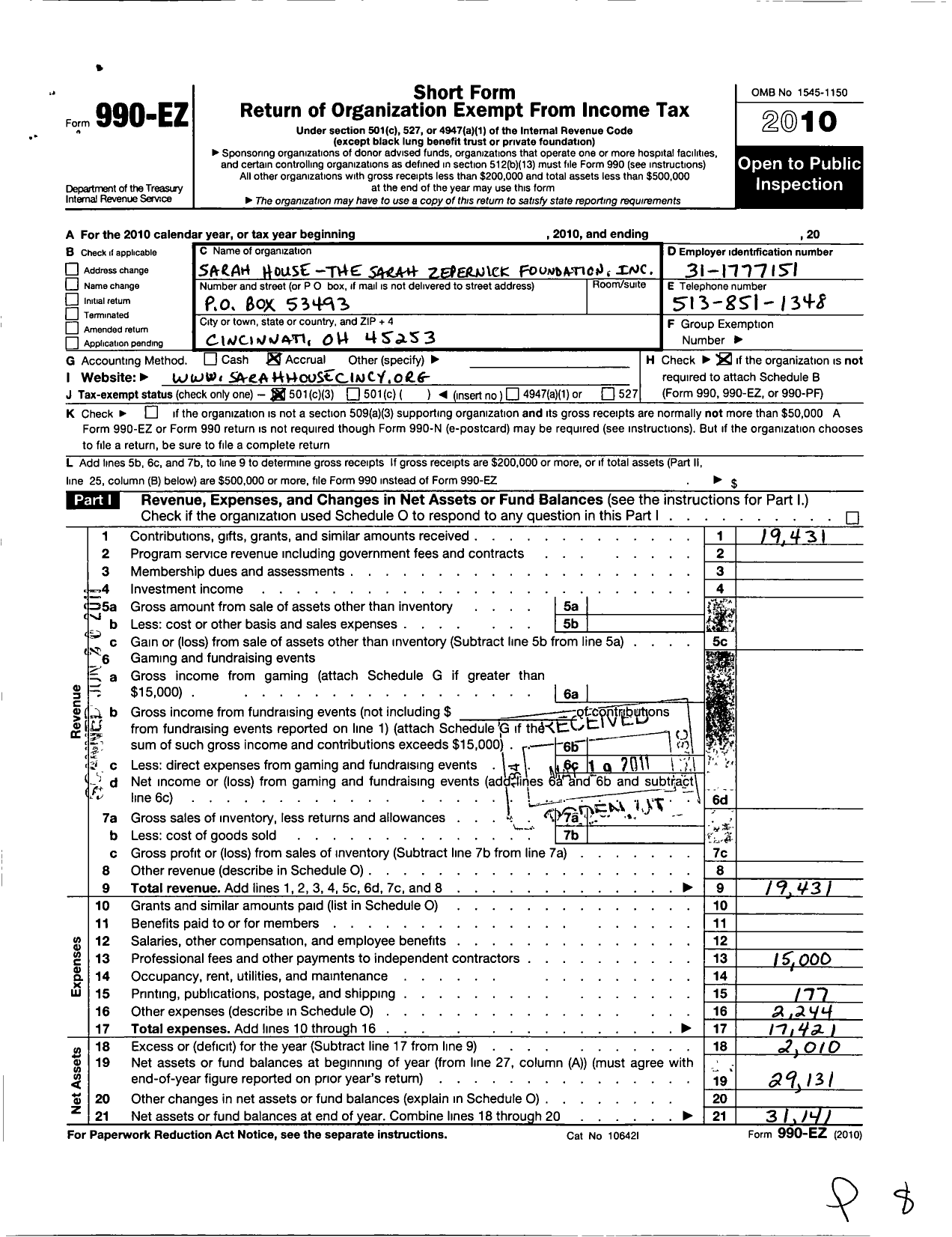 Image of first page of 2010 Form 990EZ for Sarah House-The Sarah Zepernick Foundation