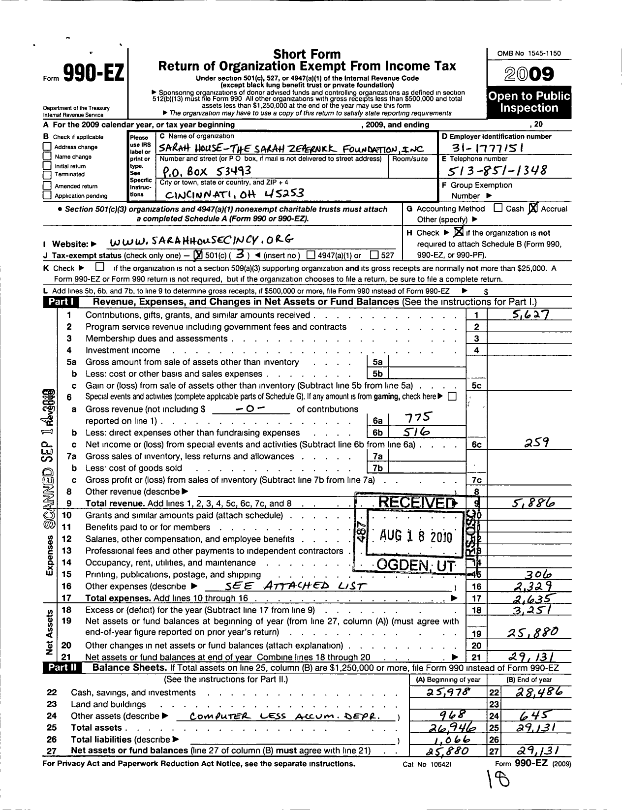 Image of first page of 2009 Form 990EZ for Sarah House-The Sarah Zepernick Foundation