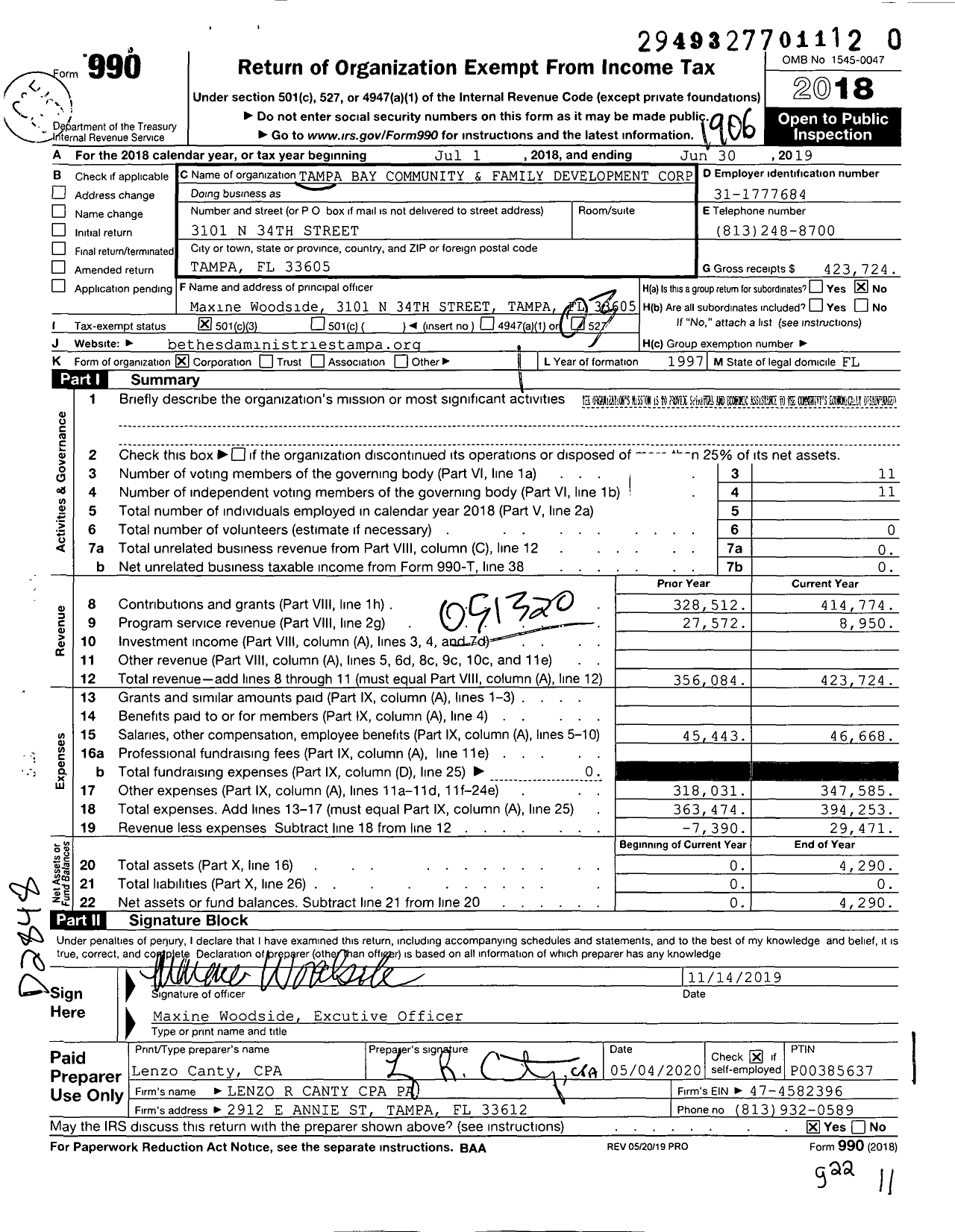 Image of first page of 2018 Form 990 for Tampa Bay Community and Family Development Corporation