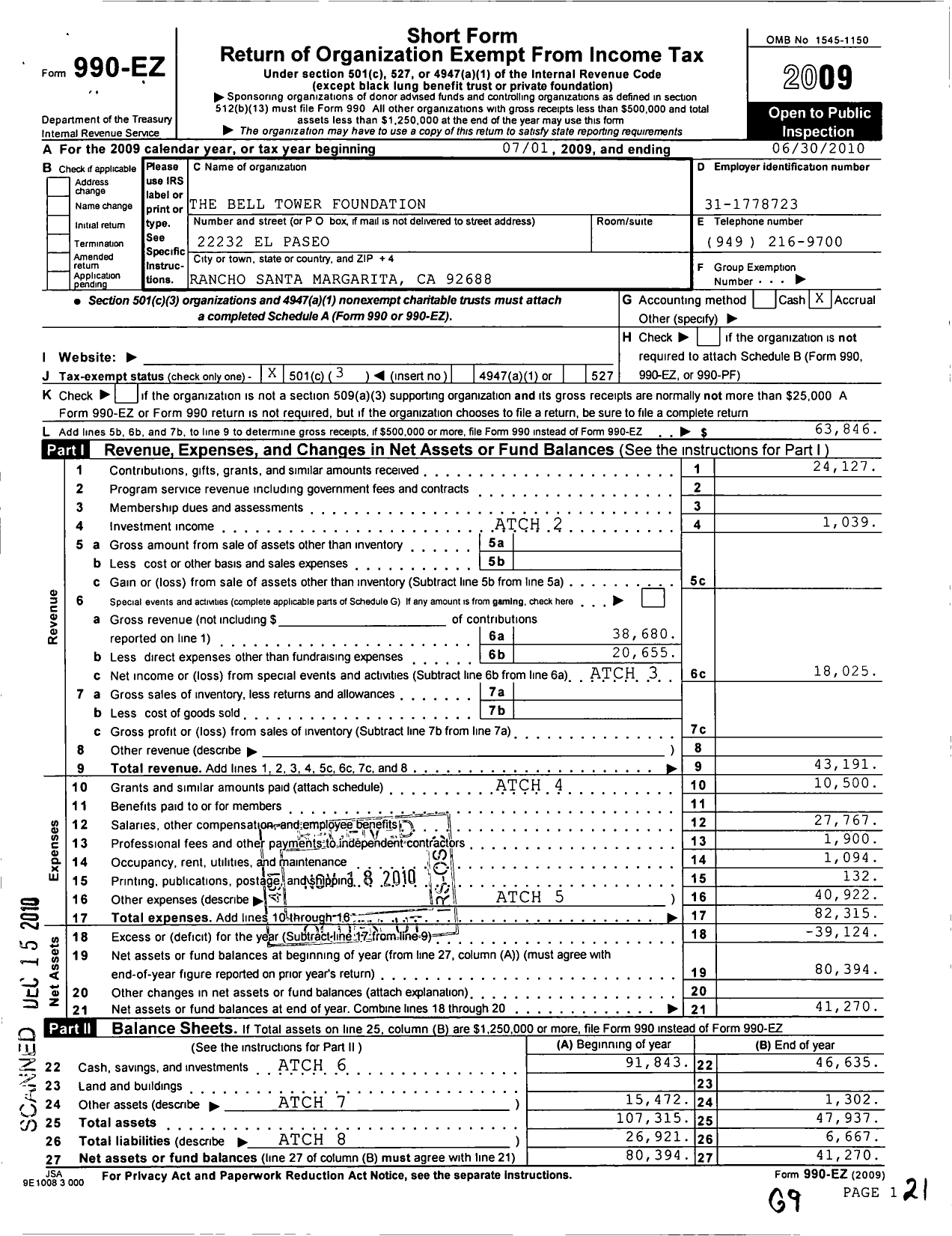 Image of first page of 2009 Form 990EZ for The Bell Tower Foundation