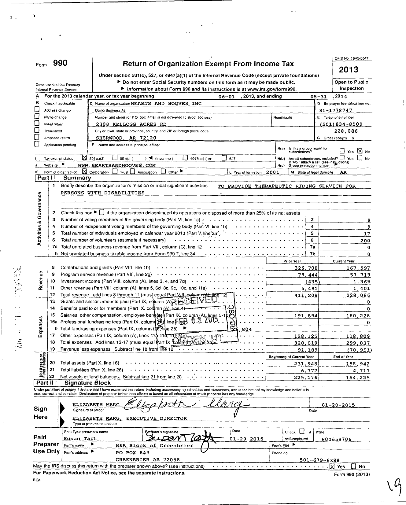 Image of first page of 2013 Form 990 for Hearts and Hooves