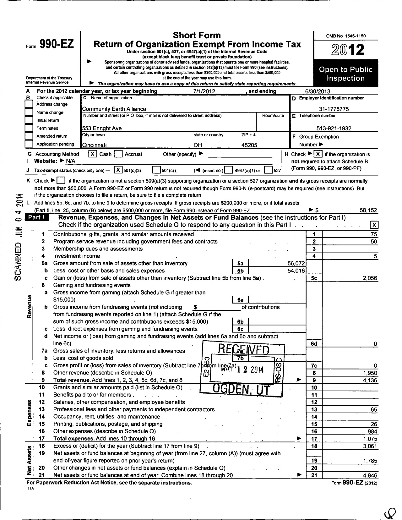 Image of first page of 2012 Form 990EZ for Community Earth Alliance