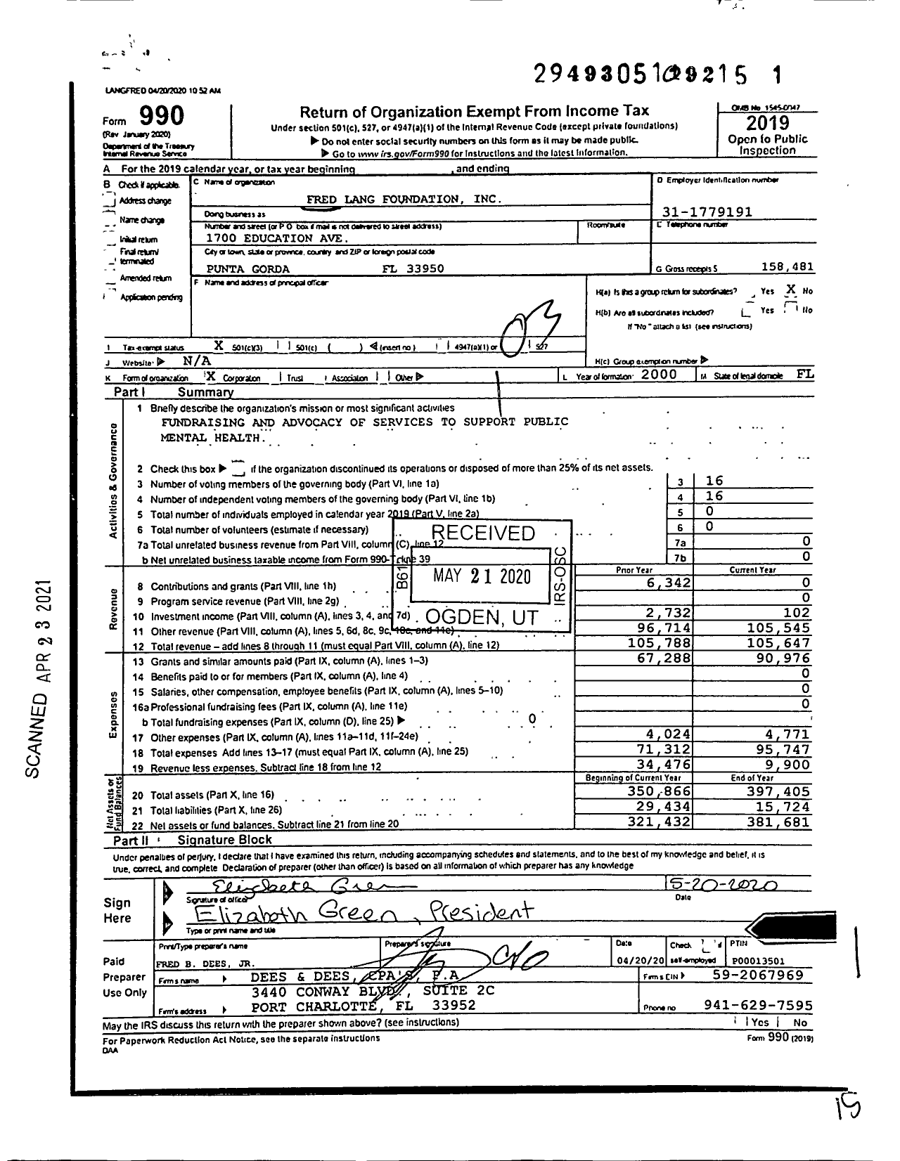 Image of first page of 2019 Form 990 for Fred Lang Foundation