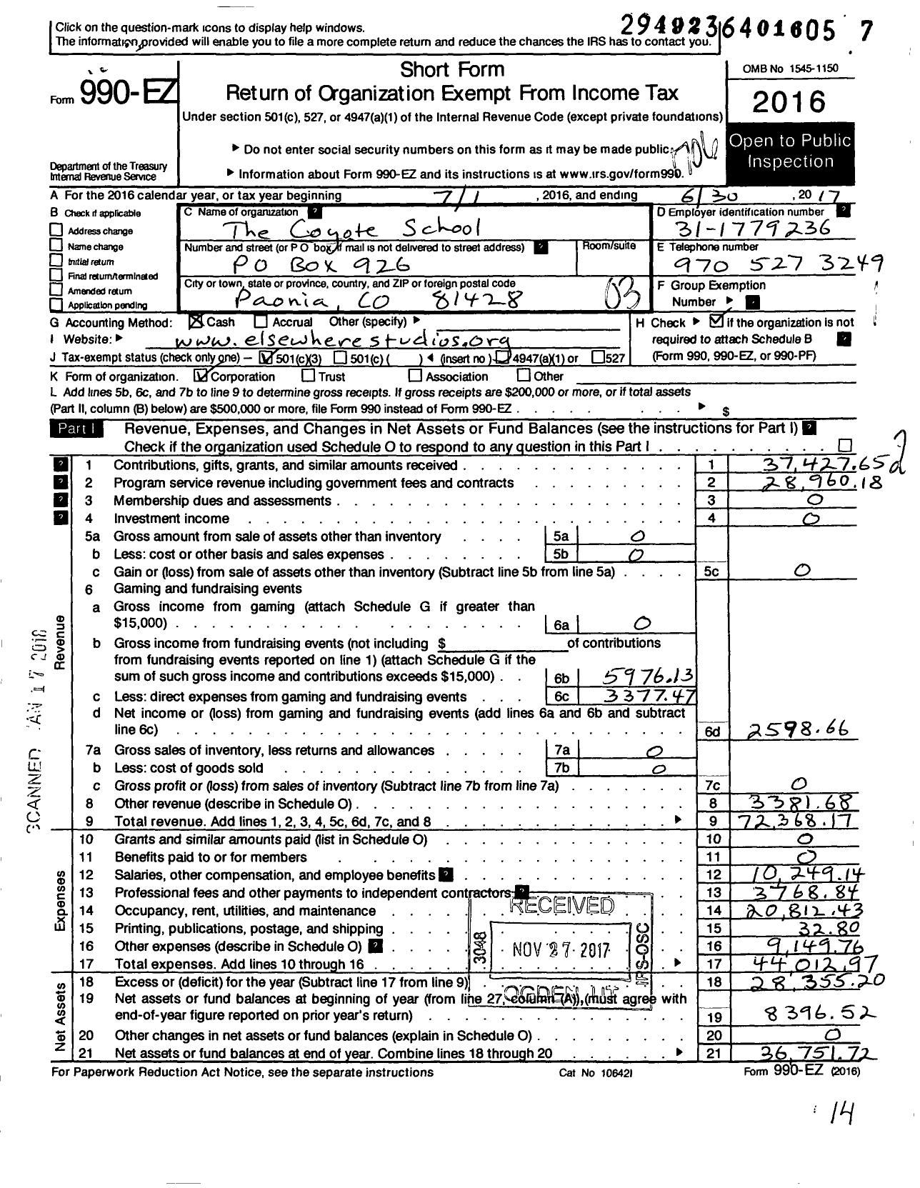 Image of first page of 2016 Form 990EZ for The Coyote School