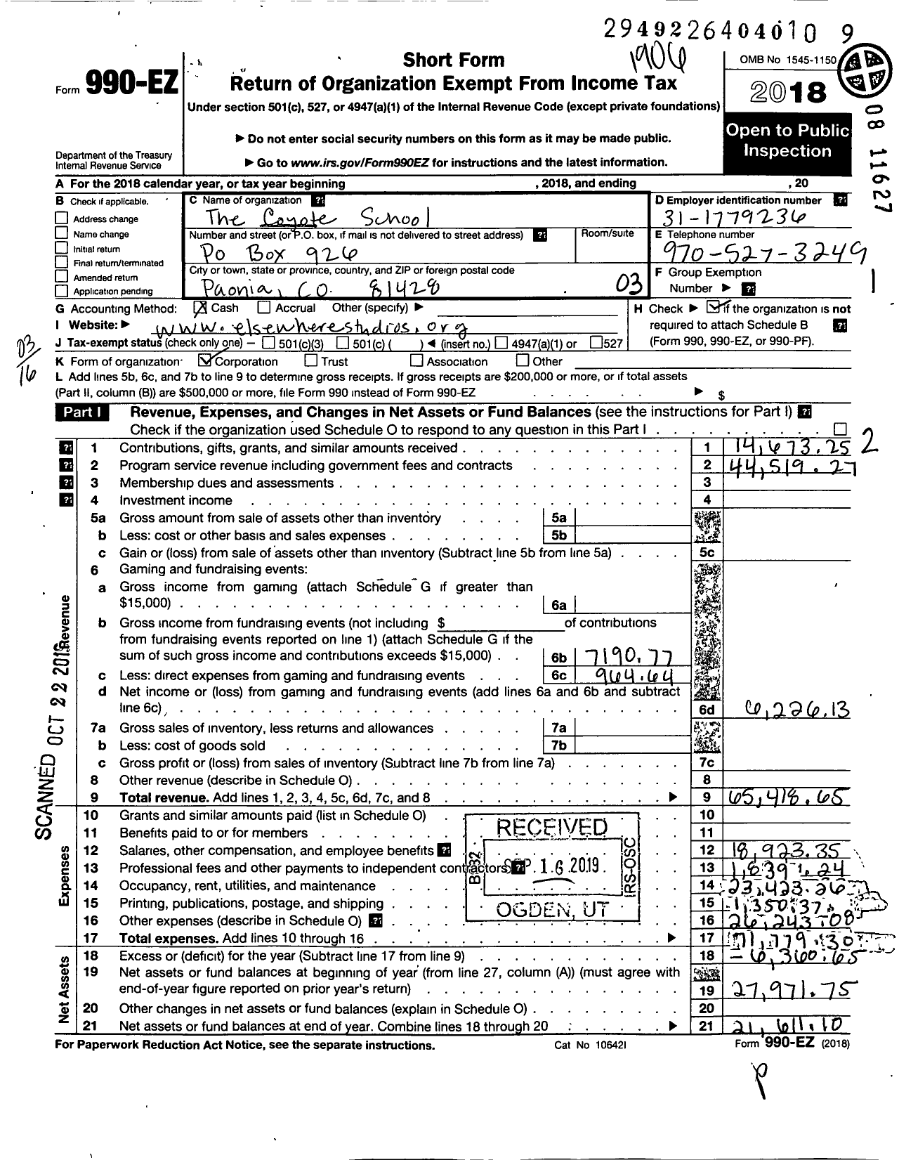 Image of first page of 2018 Form 990EZ for The Coyote School