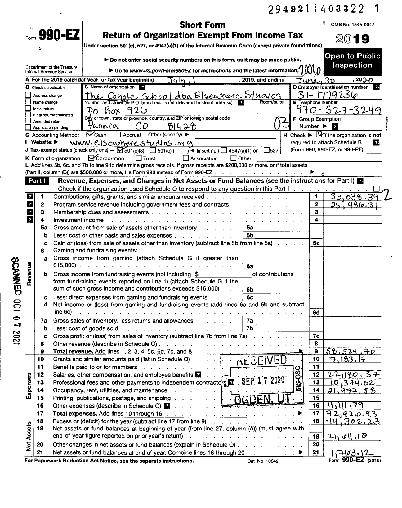 Image of first page of 2019 Form 990EZ for The Coyote School